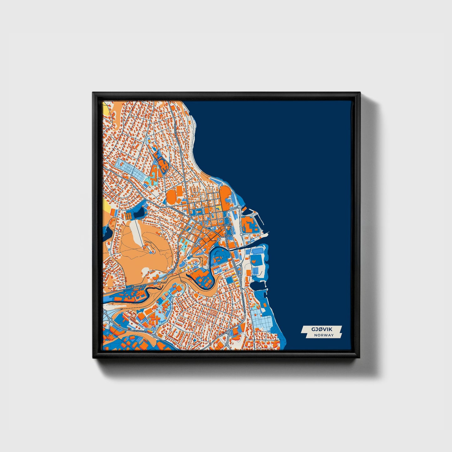 Gjøvik Norway Colorful City Map Canvas Print • Black Framed