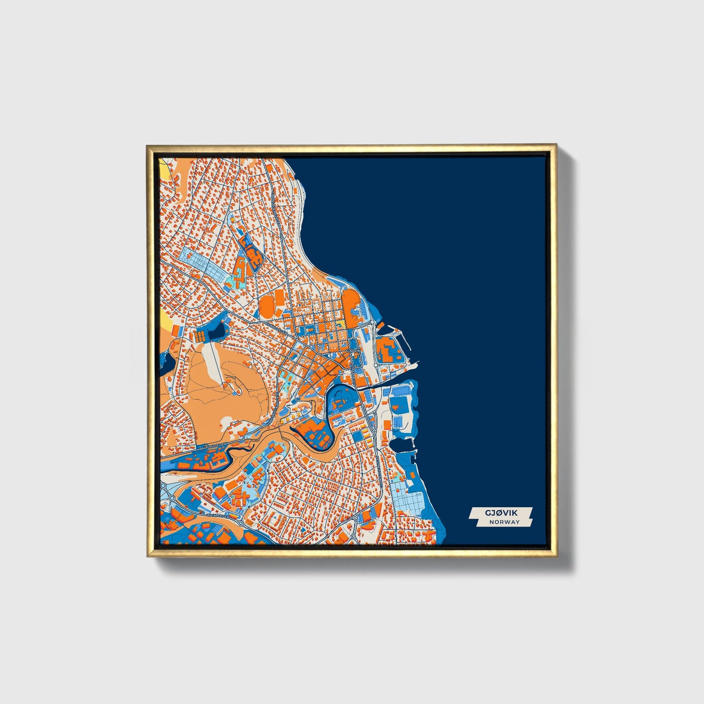Gjøvik Norway Colorful City Map Canvas Print • Gold Framed