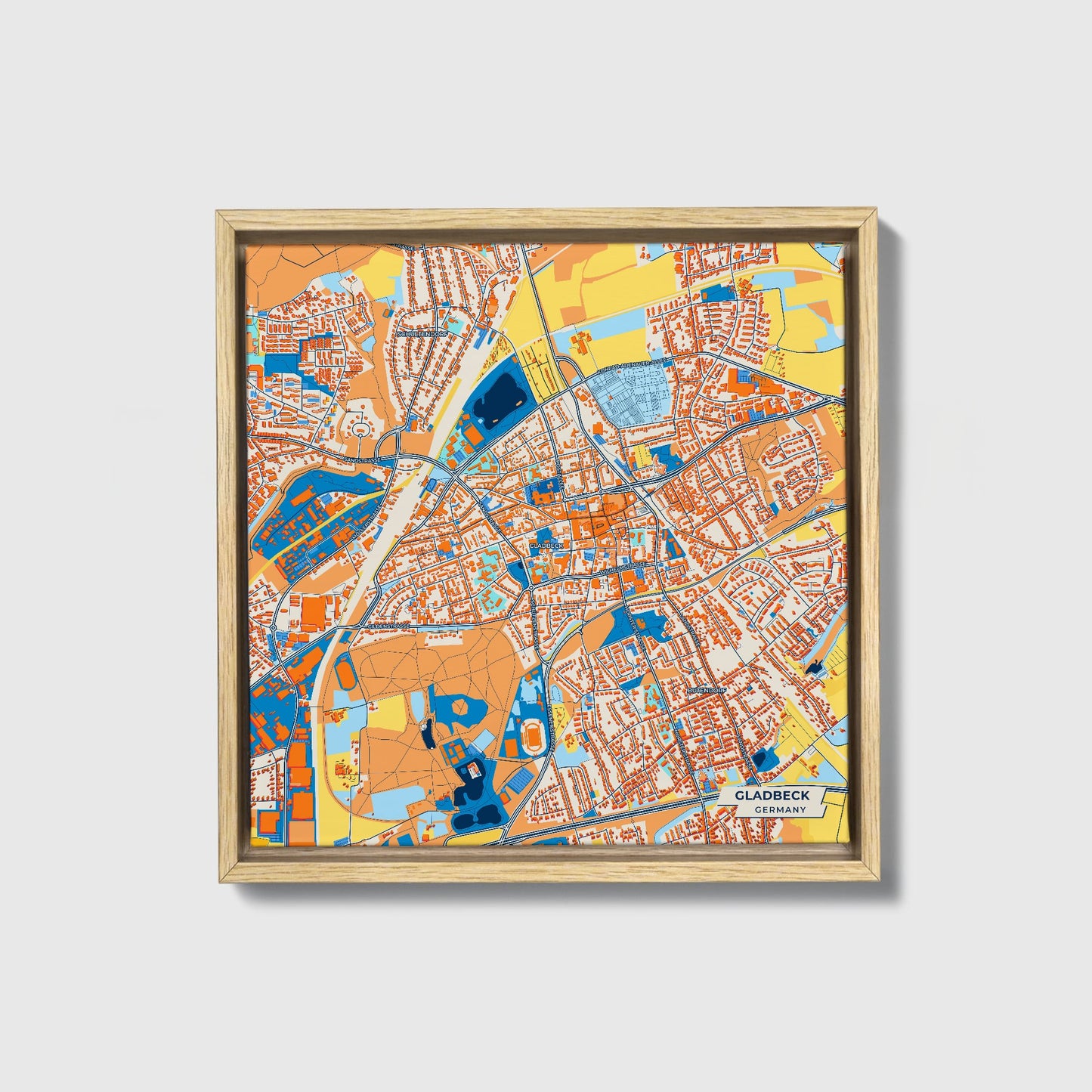 Gladbeck Germany Colorful City Map Canvas Print • Natural Wooden Framed