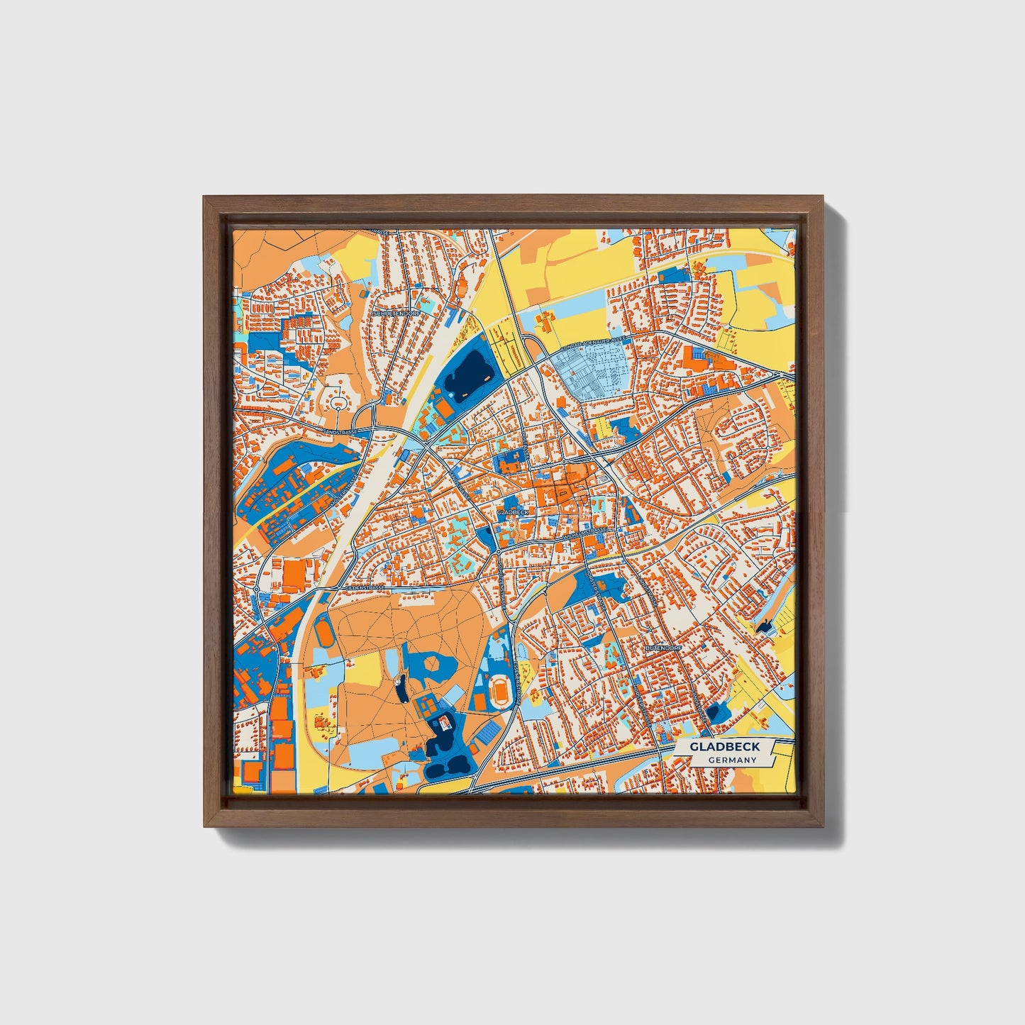 Gladbeck Germany Colorful City Map Canvas Print • Dark Wooden Framed