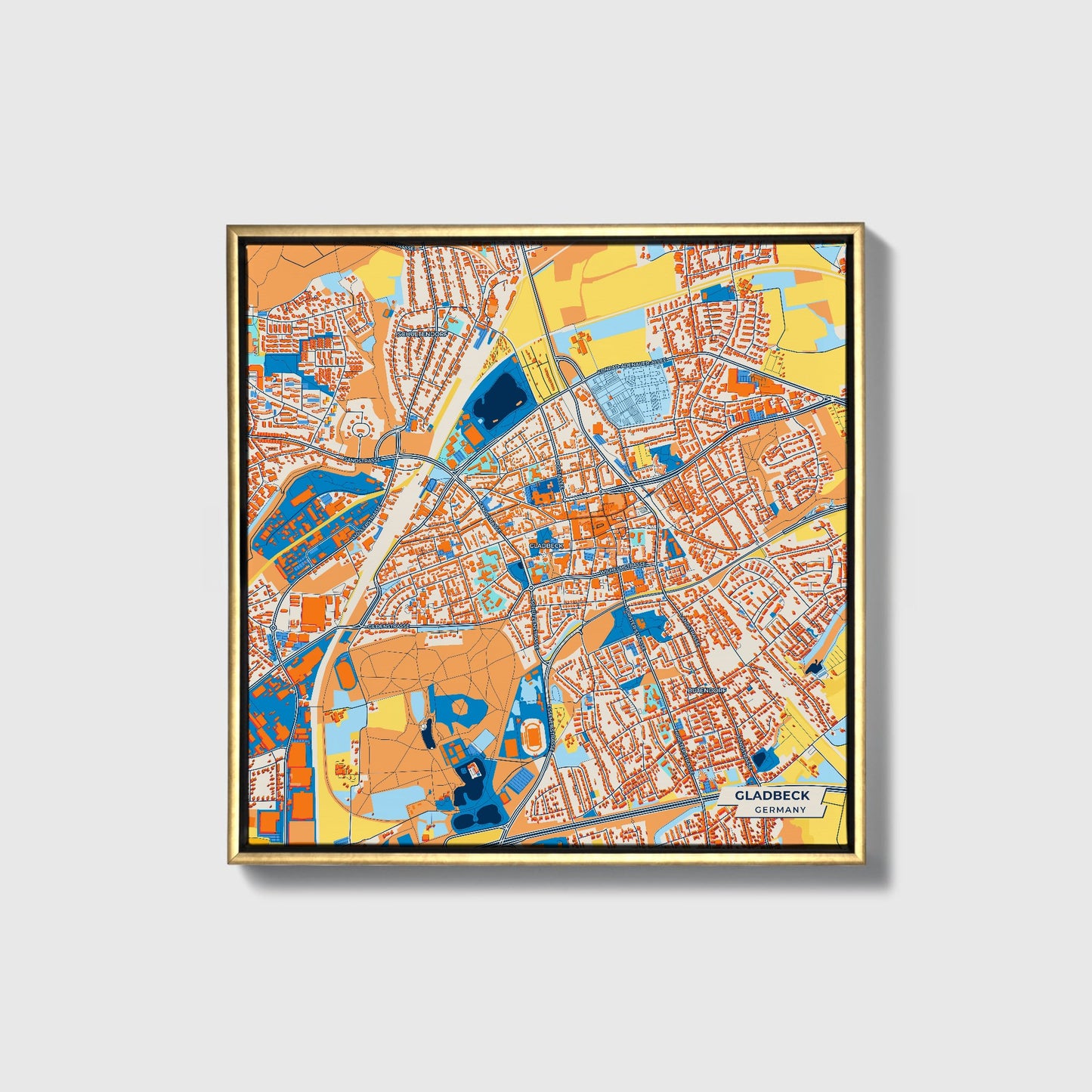 Gladbeck Germany Colorful City Map Canvas Print • Gold Framed