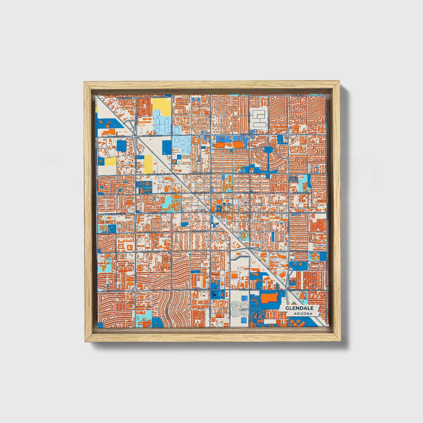 Glendale Arizona Colorful City Map Canvas Print • Natural Wooden Framed