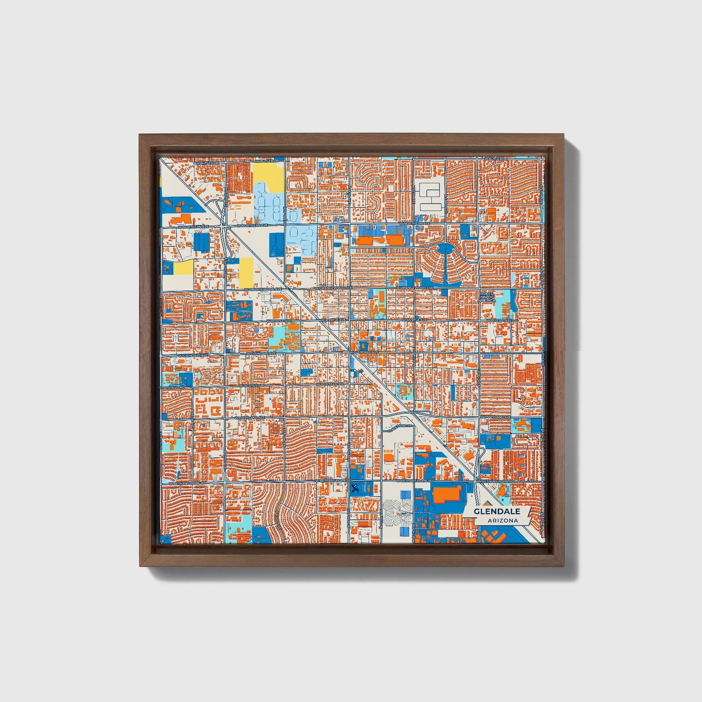 Glendale Arizona Colorful City Map Canvas Print • Dark Wooden Framed