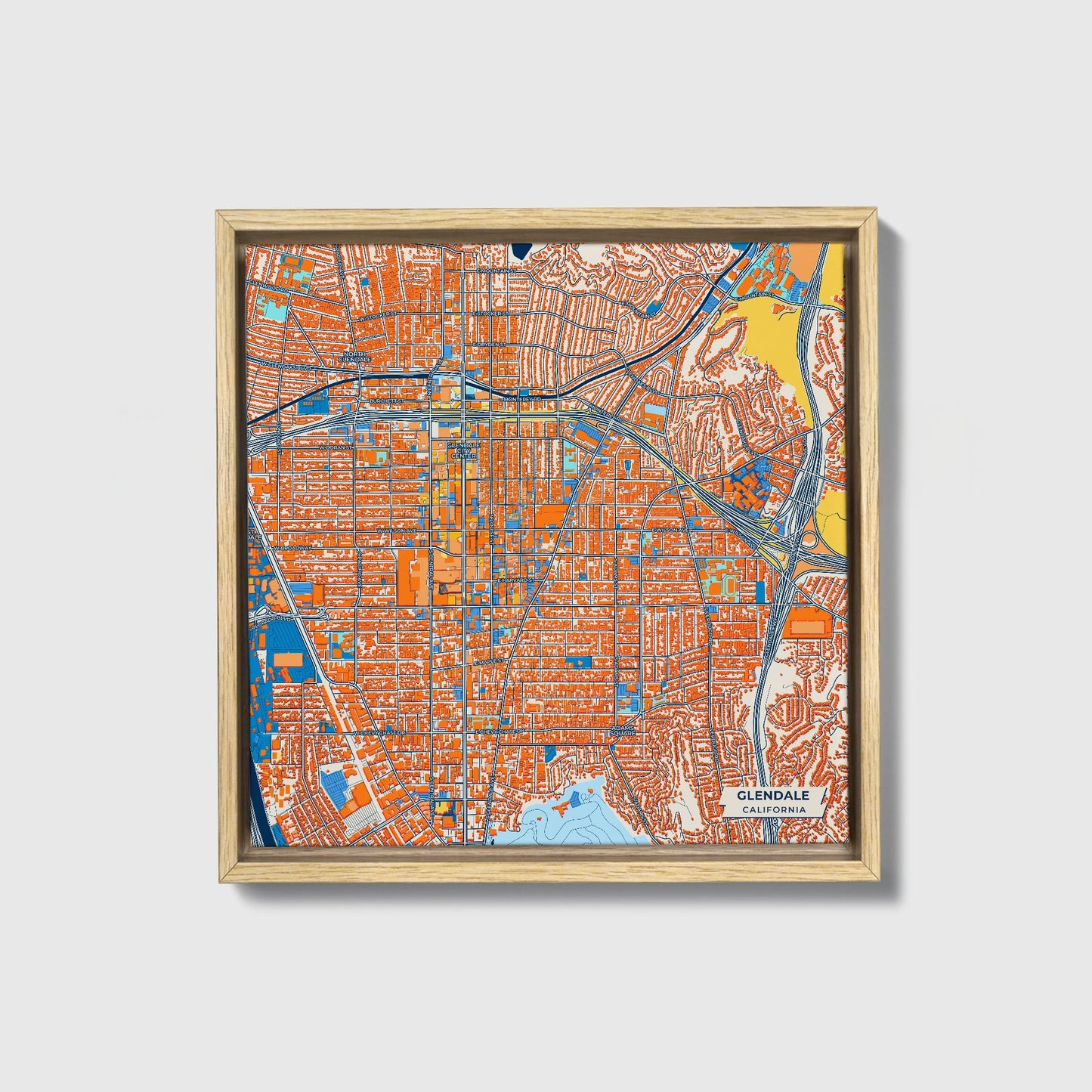 Glendale California Colorful City Map Canvas Print • Natural Wooden Framed