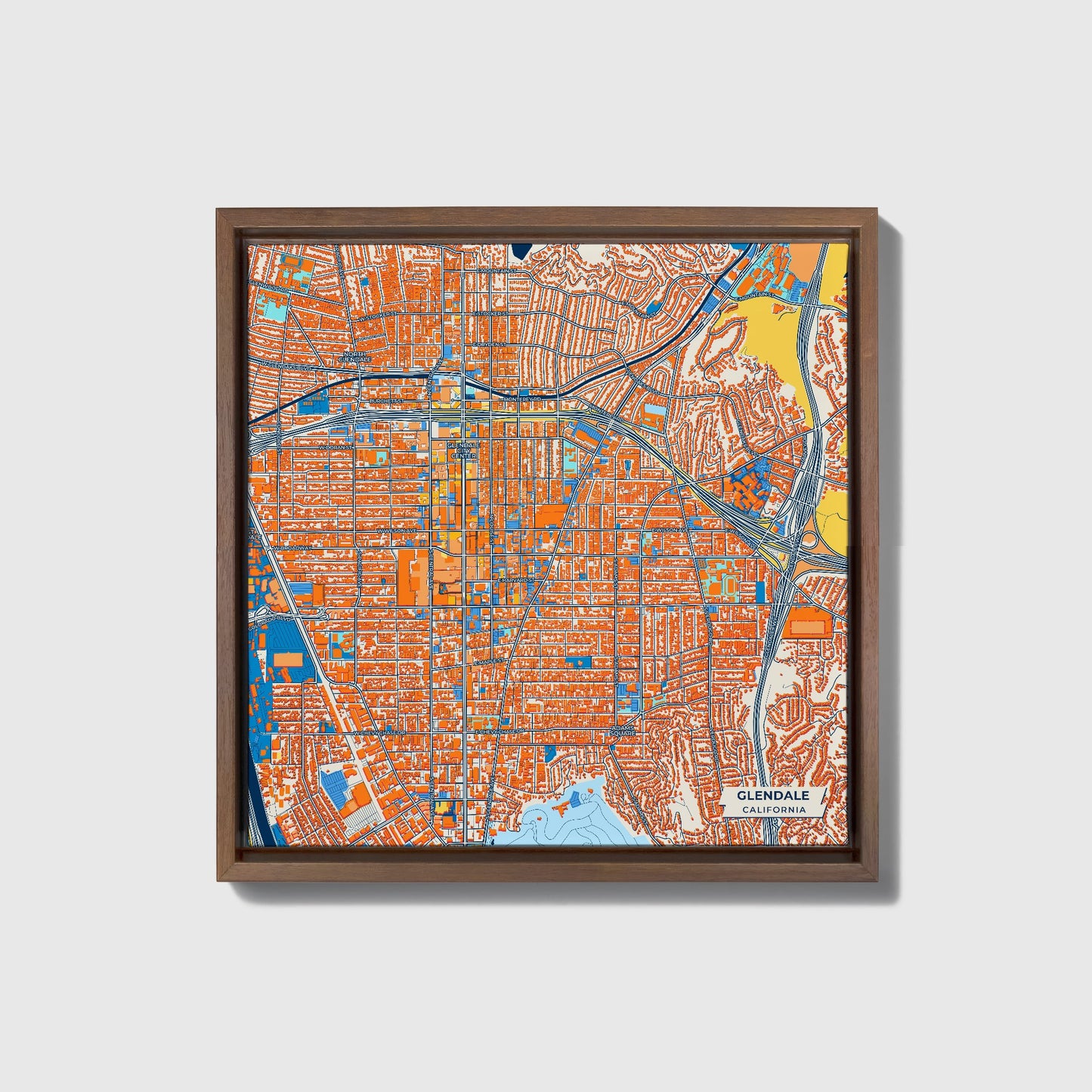 Glendale California Colorful City Map Canvas Print • Dark Wooden Framed
