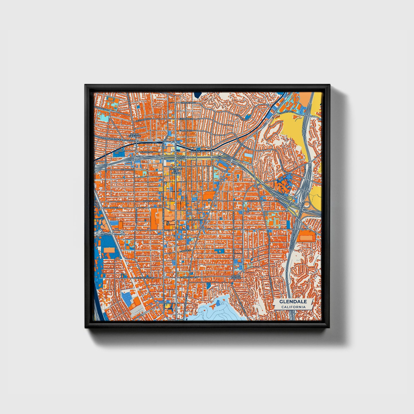 Glendale California Colorful City Map Canvas Print • Black Framed