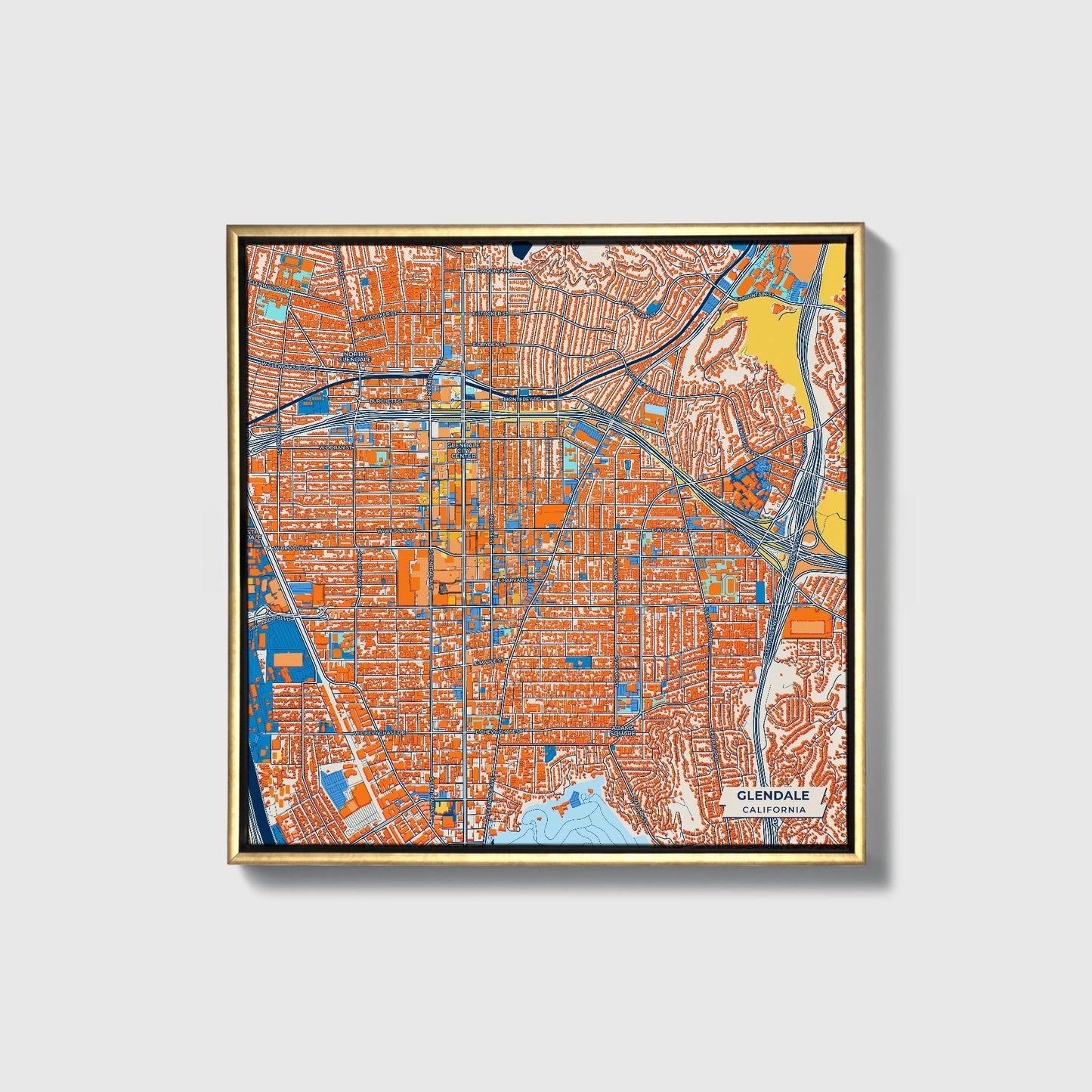 Glendale California Colorful City Map Canvas Print • Gold Framed