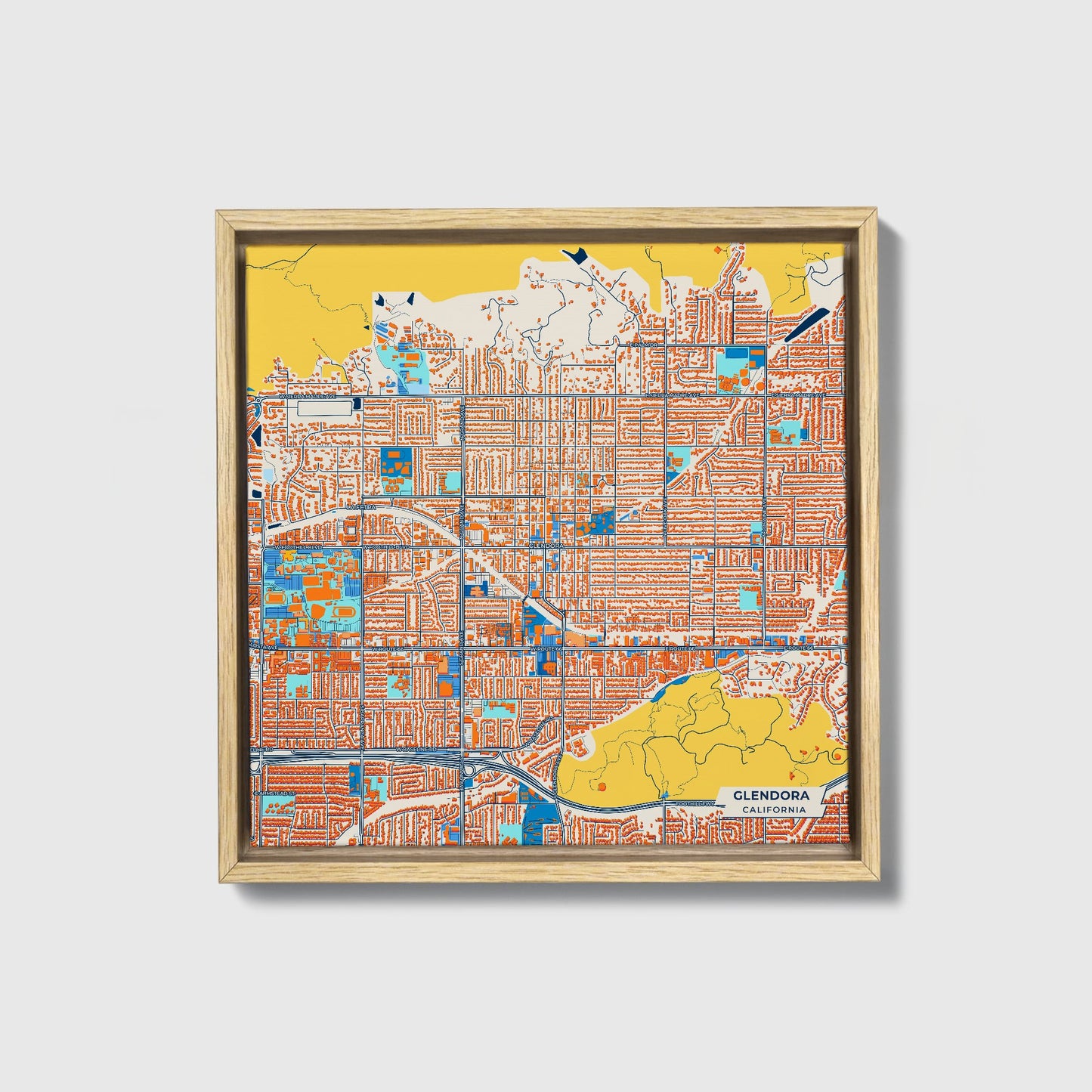 Glendora California Colorful City Map Canvas Print • Natural Wooden Framed