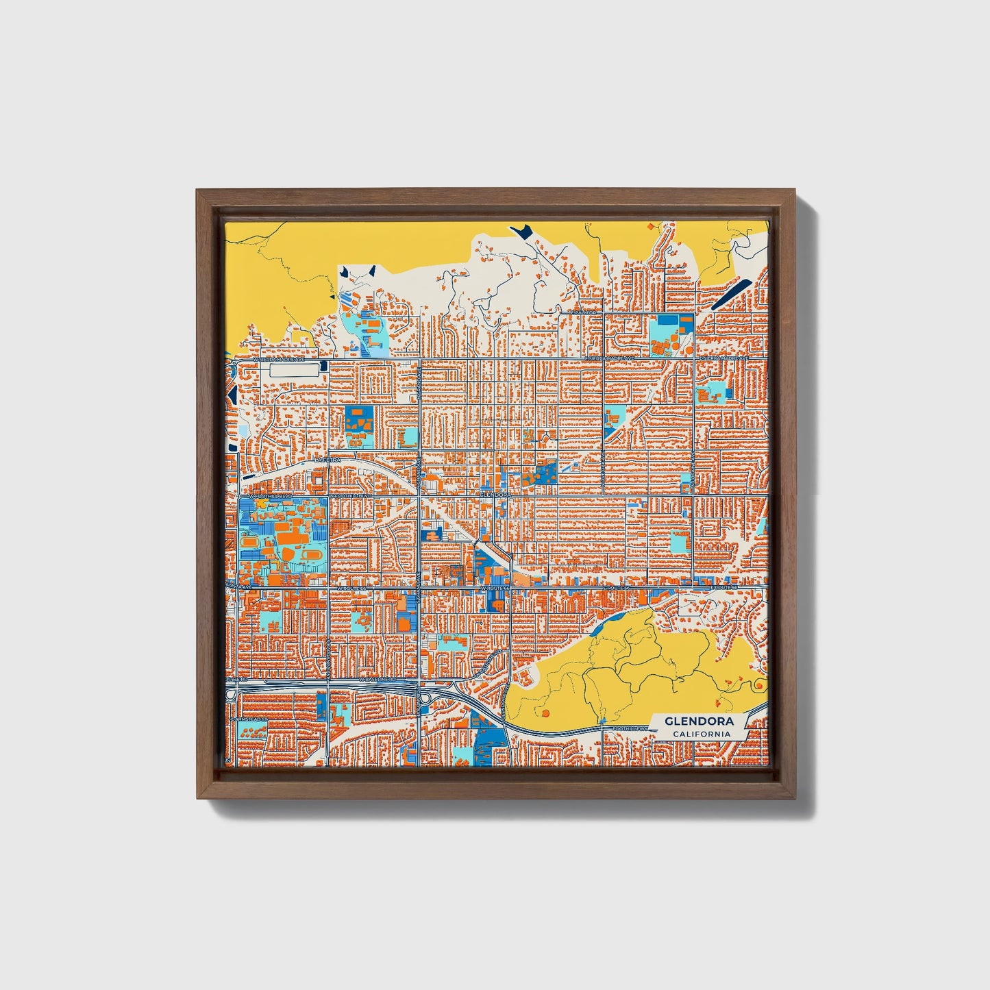 Glendora California Colorful City Map Canvas Print • Dark Wooden Framed