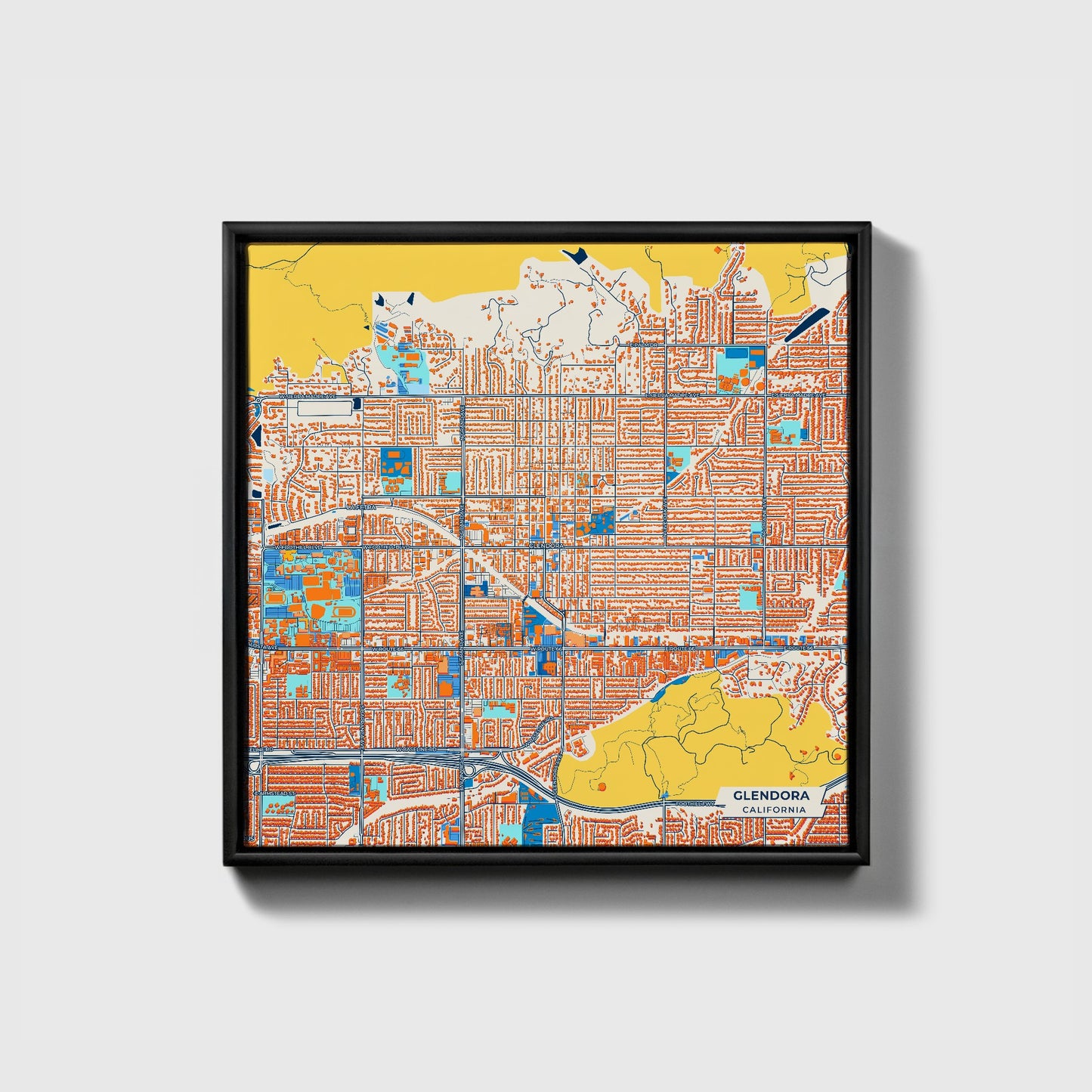 Glendora California Colorful City Map Canvas Print • Black Framed