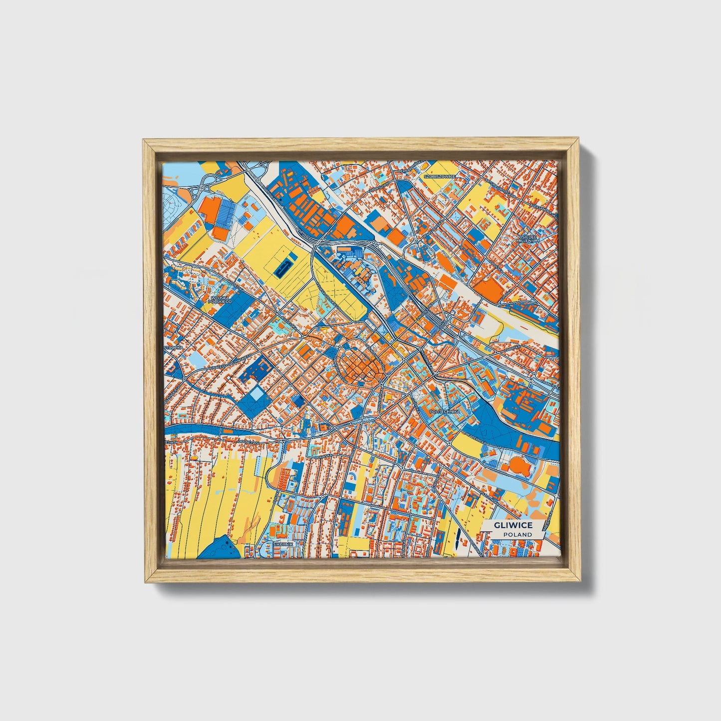 Gliwice Poland Colorful City Map Canvas Print • Natural Wooden Framed