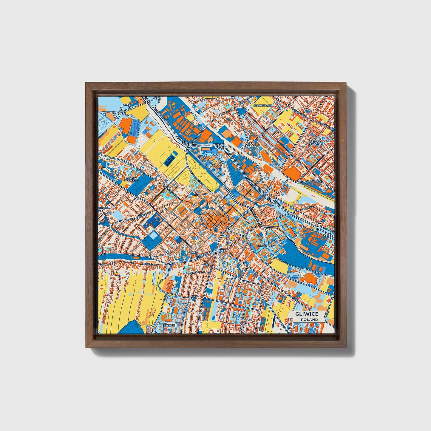 Gliwice Poland Colorful City Map Canvas Print • Dark Wooden Framed