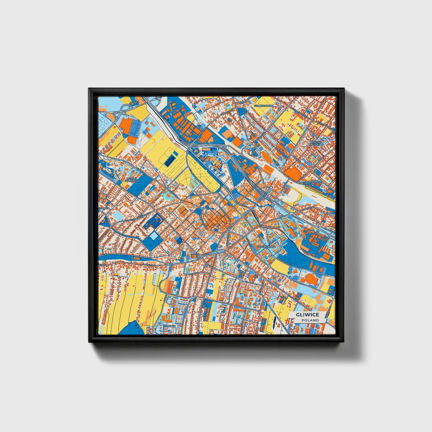 Gliwice Poland Colorful City Map Canvas Print • Black Framed