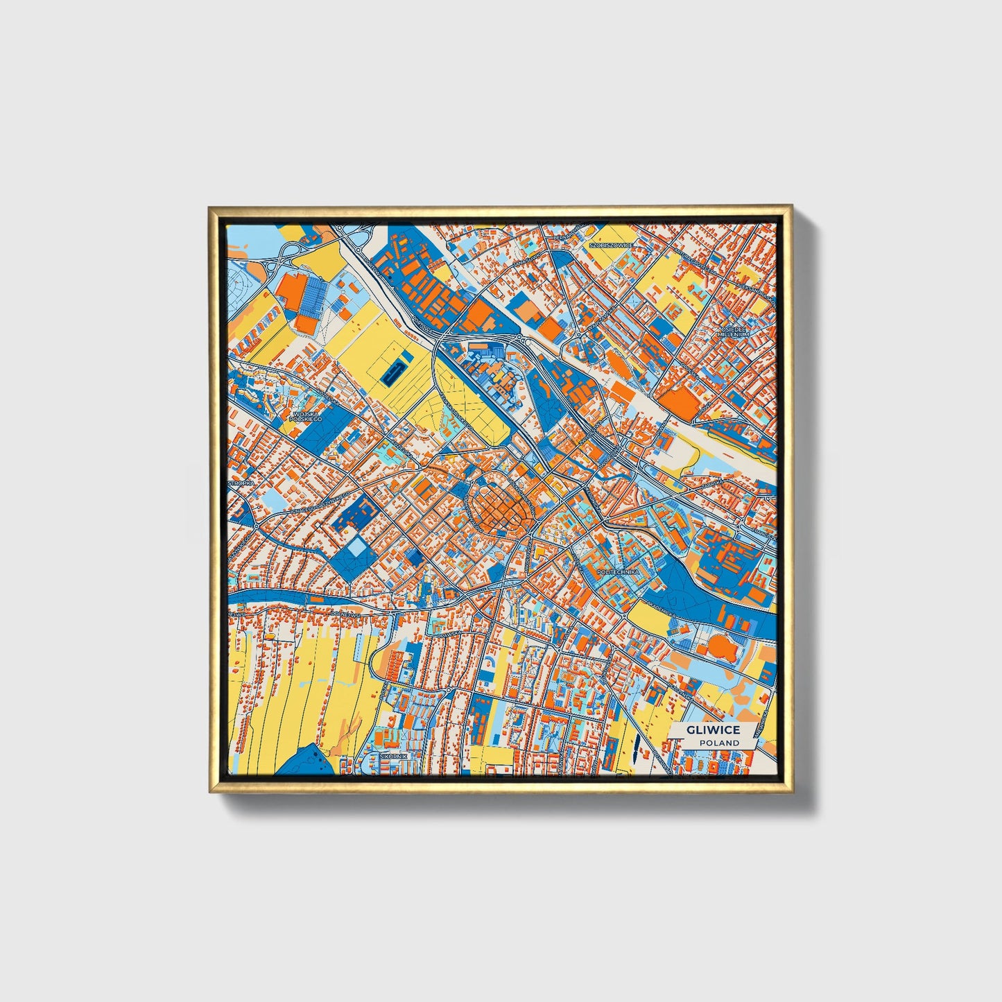 Gliwice Poland Colorful City Map Canvas Print • Gold Framed