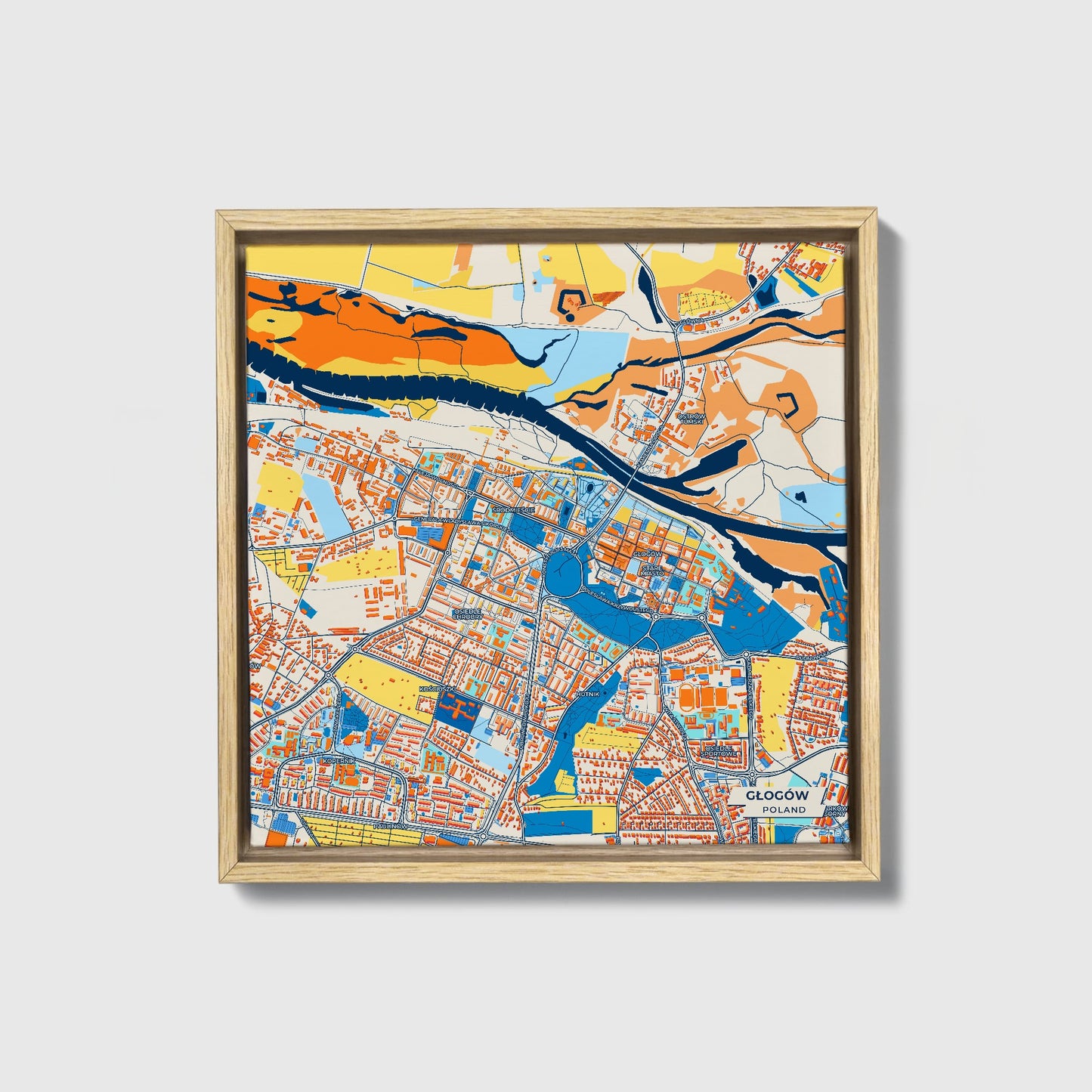 Głogów Poland Colorful City Map Canvas Print • Natural Wooden Framed