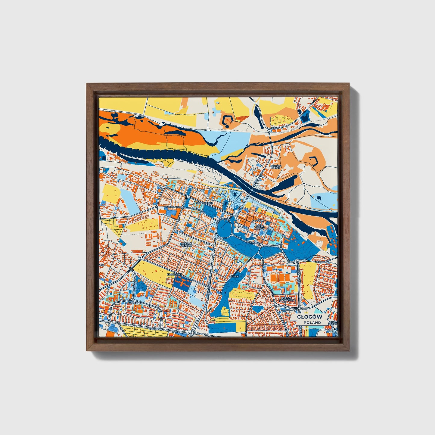 Głogów Poland Colorful City Map Canvas Print • Dark Wooden Framed