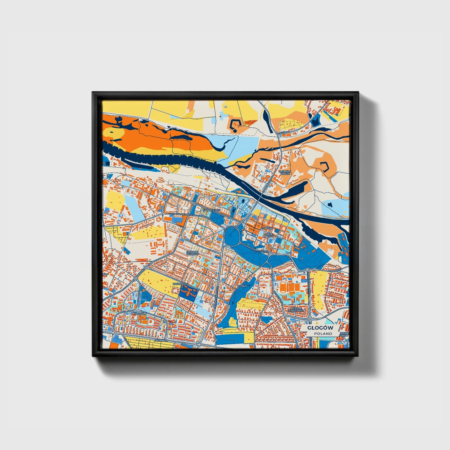 Głogów Poland Colorful City Map Canvas Print • Black Framed