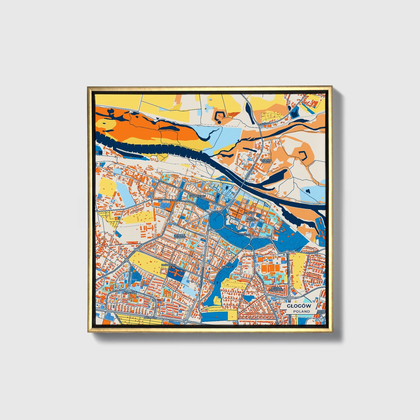 Głogów Poland Colorful City Map Canvas Print • Gold Framed