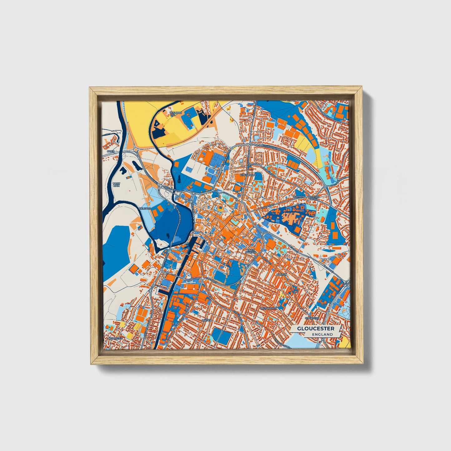 Gloucester England Colorful City Map Canvas Print • Natural Wooden Framed