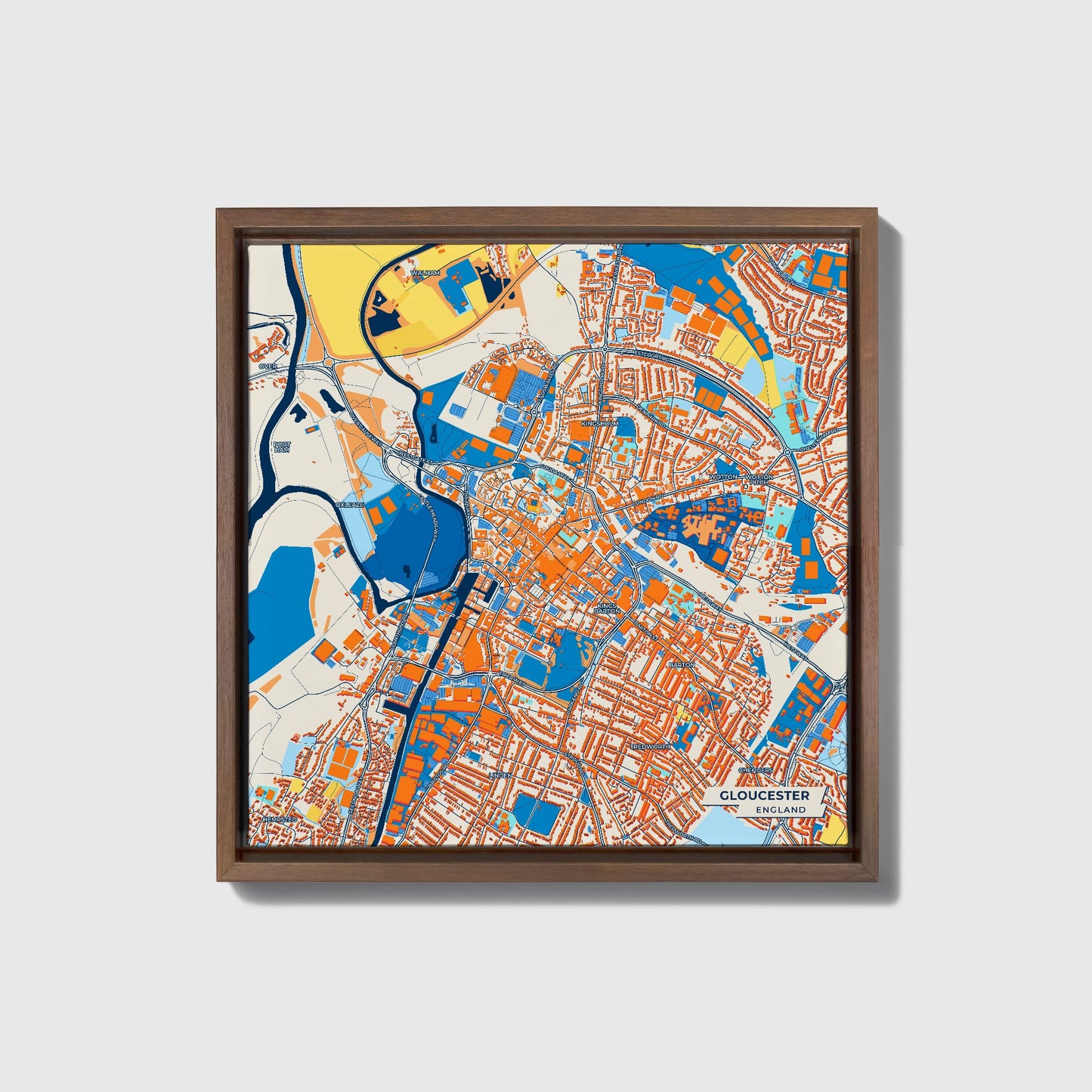 Gloucester England Colorful City Map Canvas Print • Dark Wooden Framed