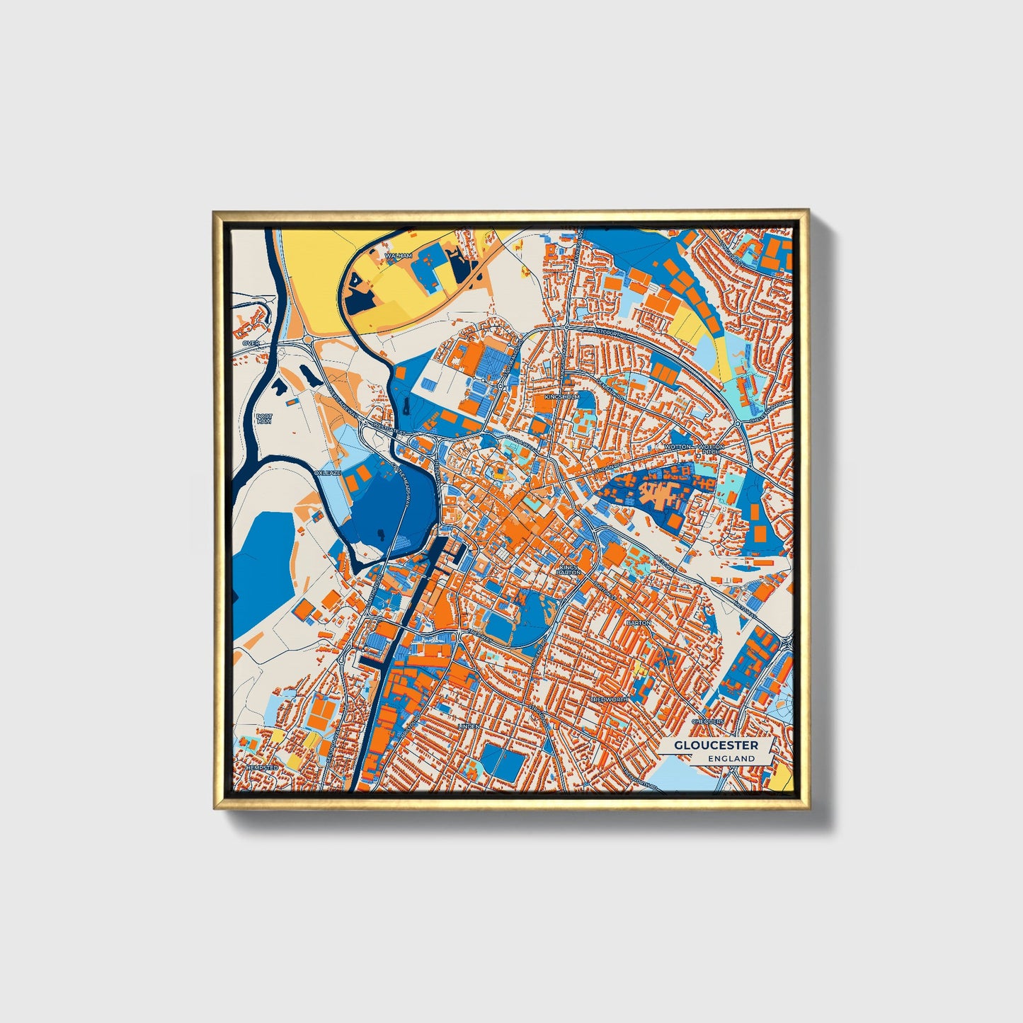Gloucester England Colorful City Map Canvas Print • Gold Framed