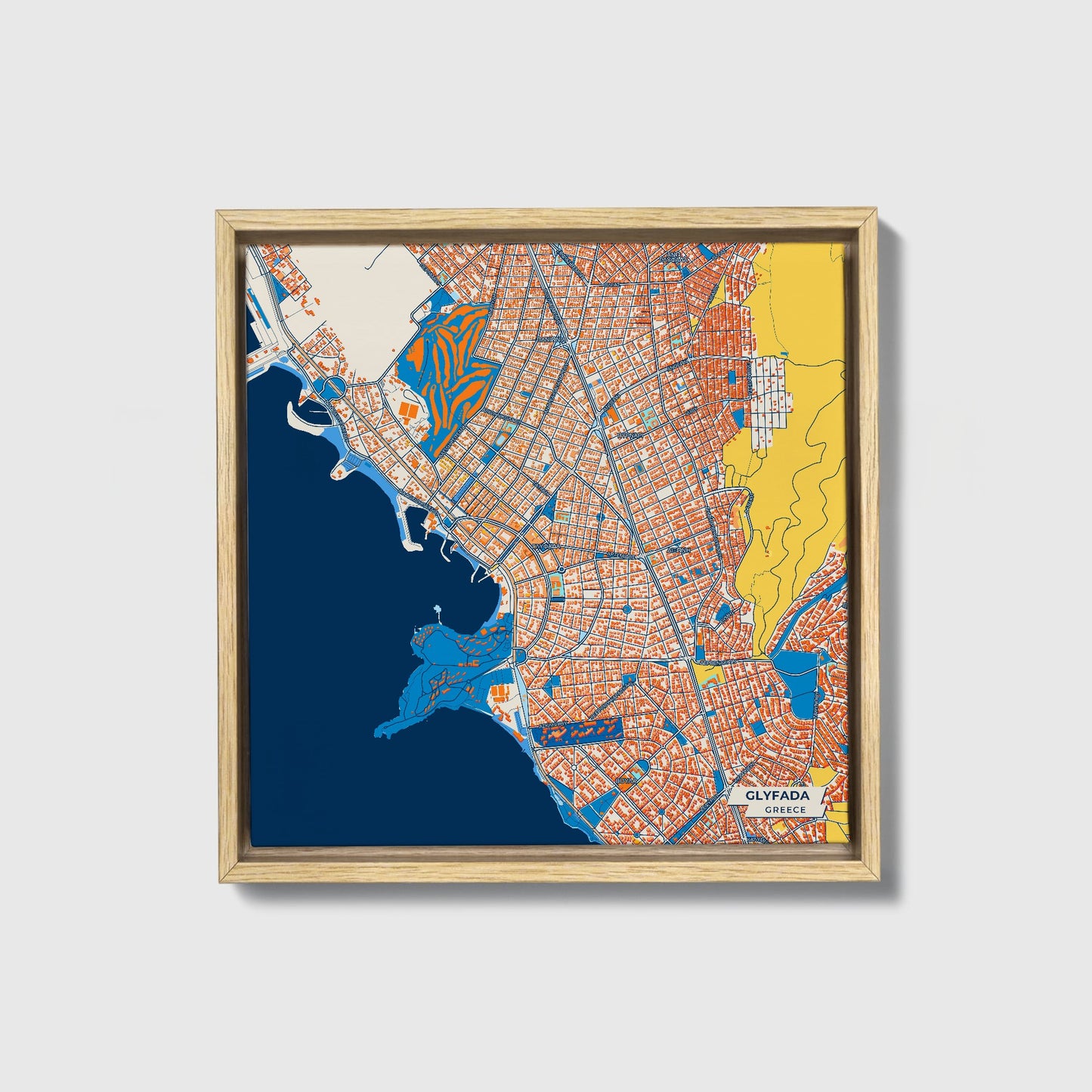 Γλυφαδα Greece Colorful City Map Canvas Print • Natural Wooden Framed