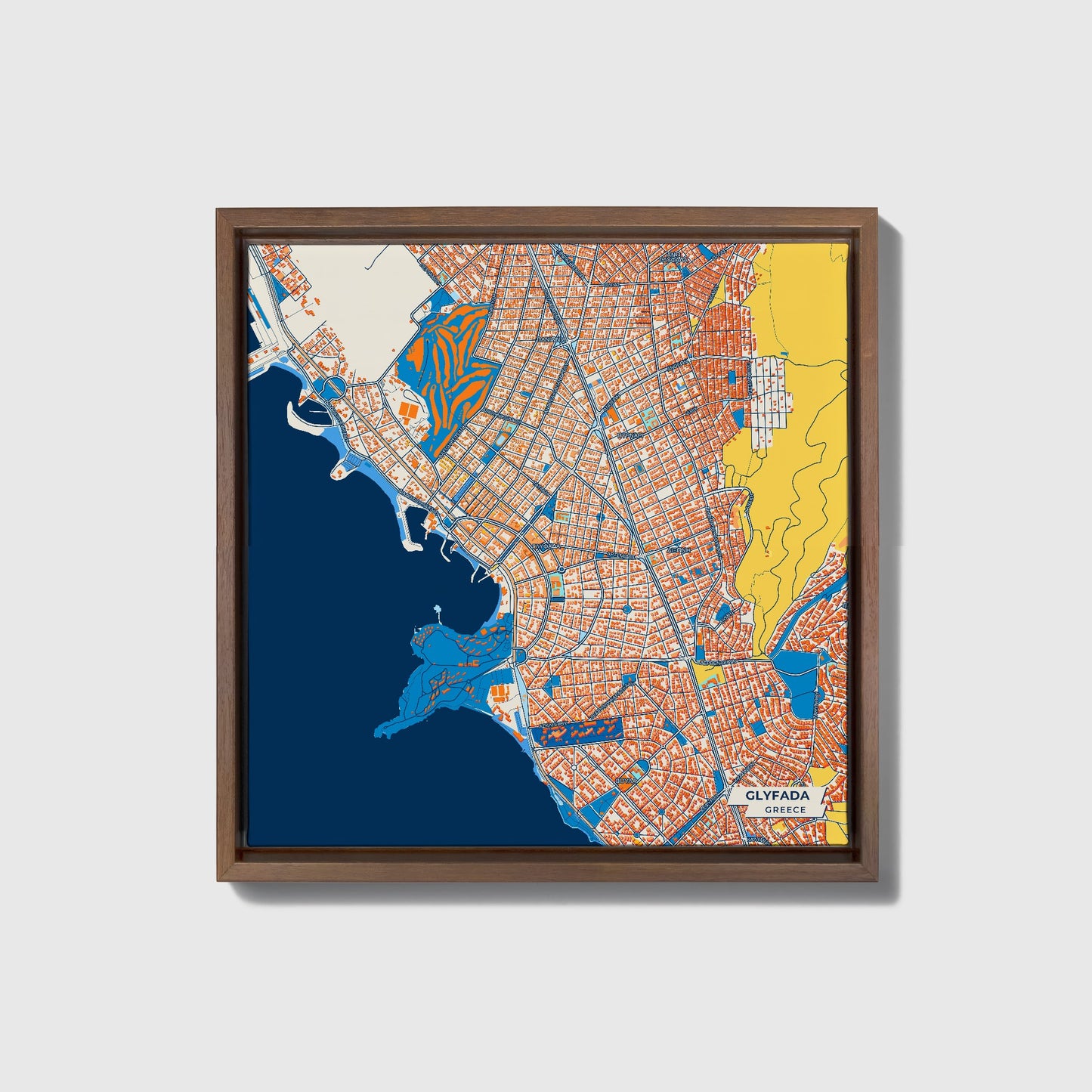 Γλυφαδα Greece Colorful City Map Canvas Print • Dark Wooden Framed