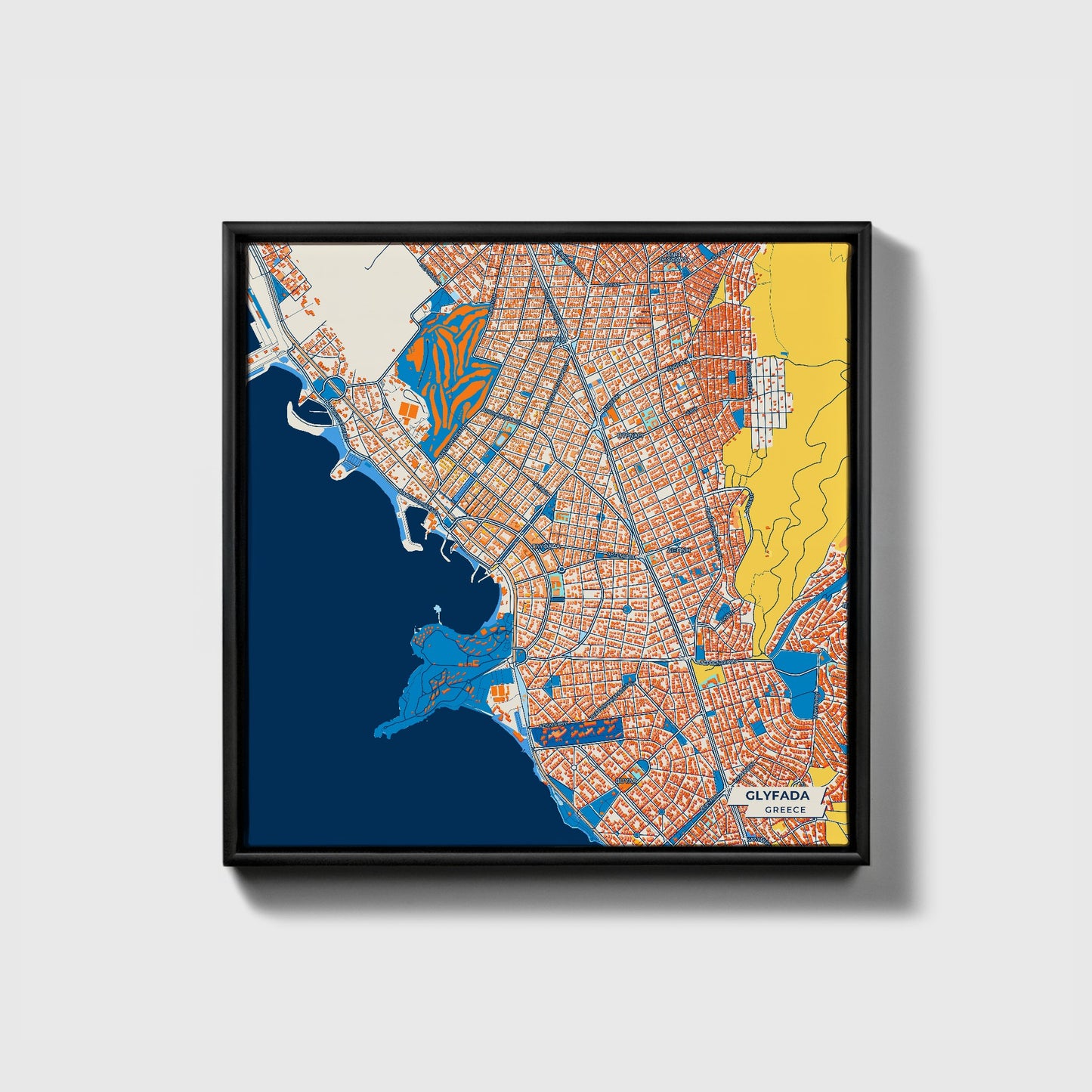 Γλυφαδα Greece Colorful City Map Canvas Print • Black Framed