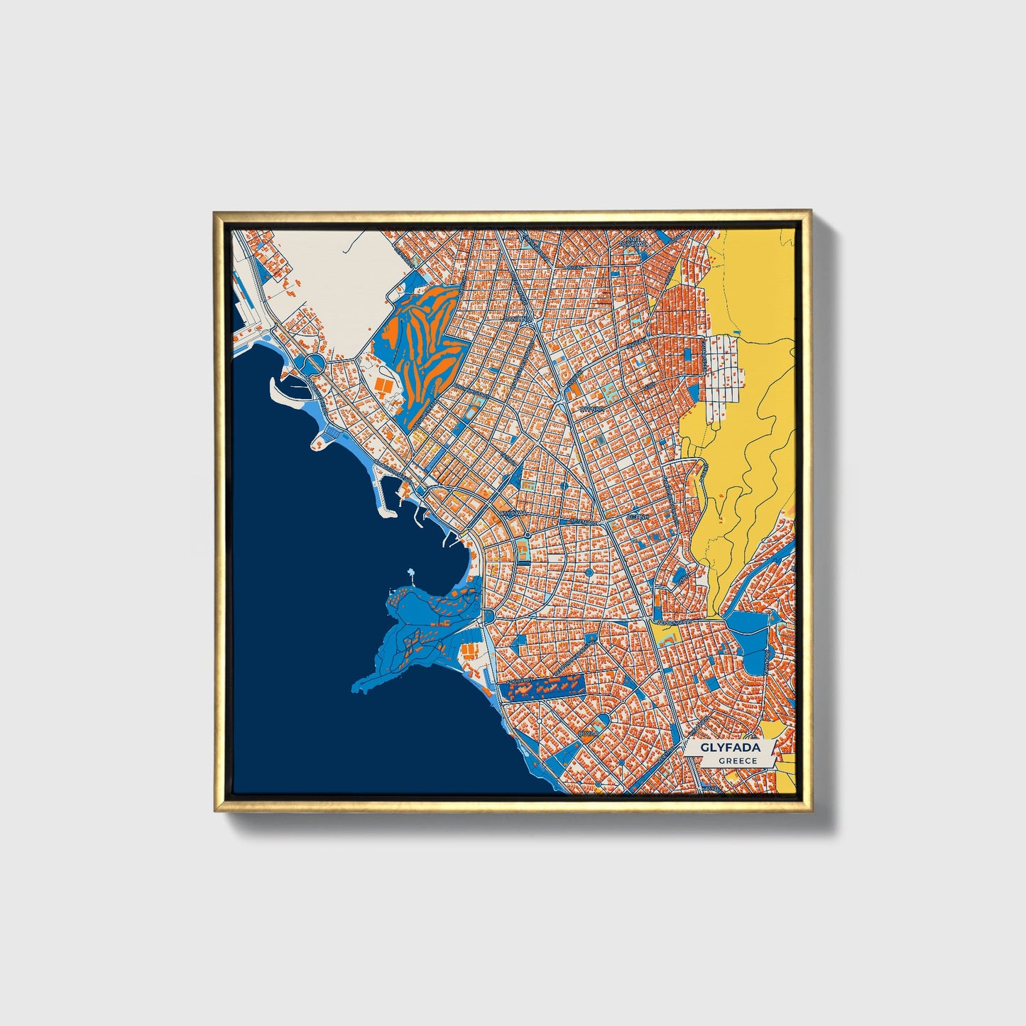 Γλυφαδα Greece Colorful City Map Canvas Print • Gold Framed