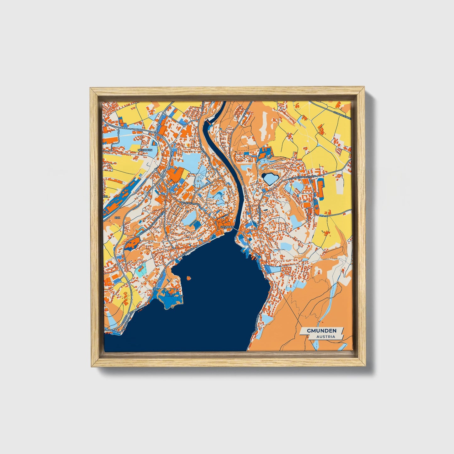 Gmunden Austria Colorful City Map Canvas Print • Natural Wooden Framed