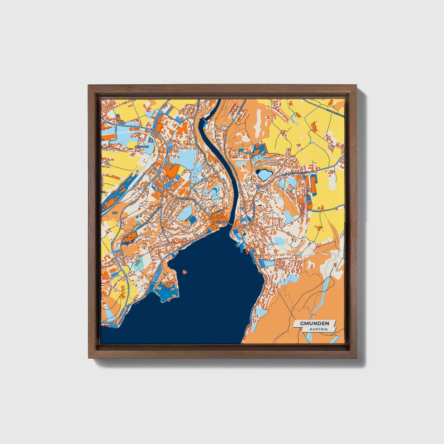 Gmunden Austria Colorful City Map Canvas Print • Dark Wooden Framed