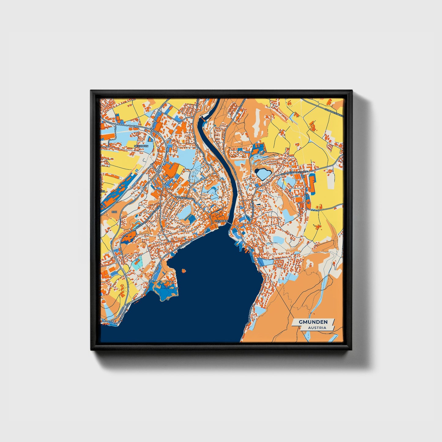 Gmunden Austria Colorful City Map Canvas Print • Black Framed