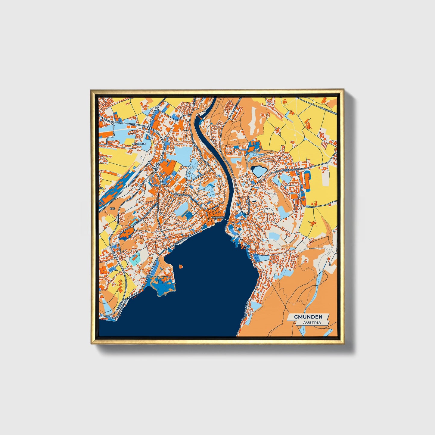 Gmunden Austria Colorful City Map Canvas Print • Gold Framed