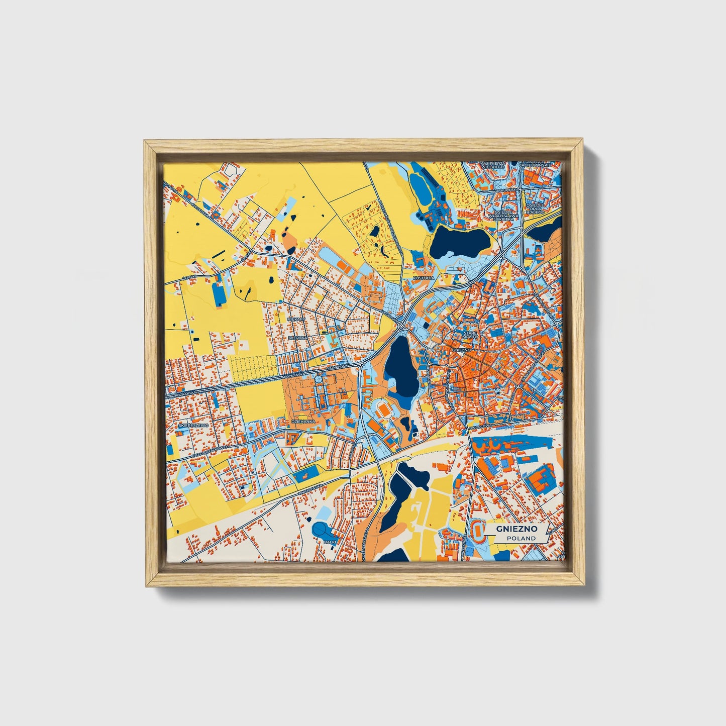 Gniezno Poland Colorful City Map Canvas Print • Natural Wooden Framed