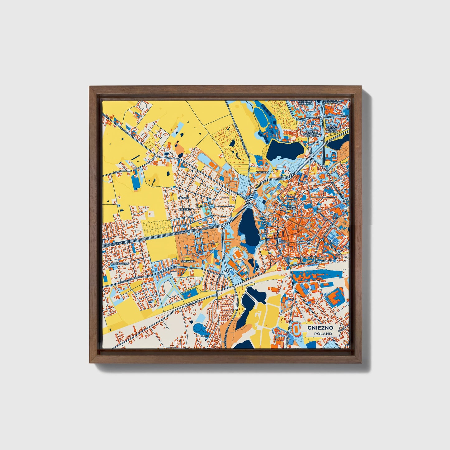 Gniezno Poland Colorful City Map Canvas Print • Dark Wooden Framed