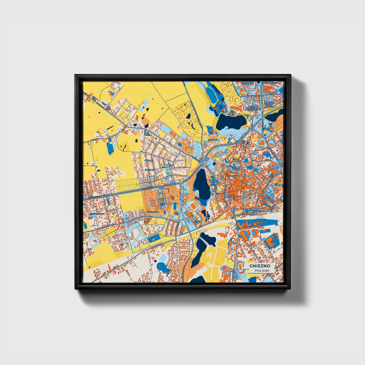 Gniezno Poland Colorful City Map Canvas Print • Black Framed