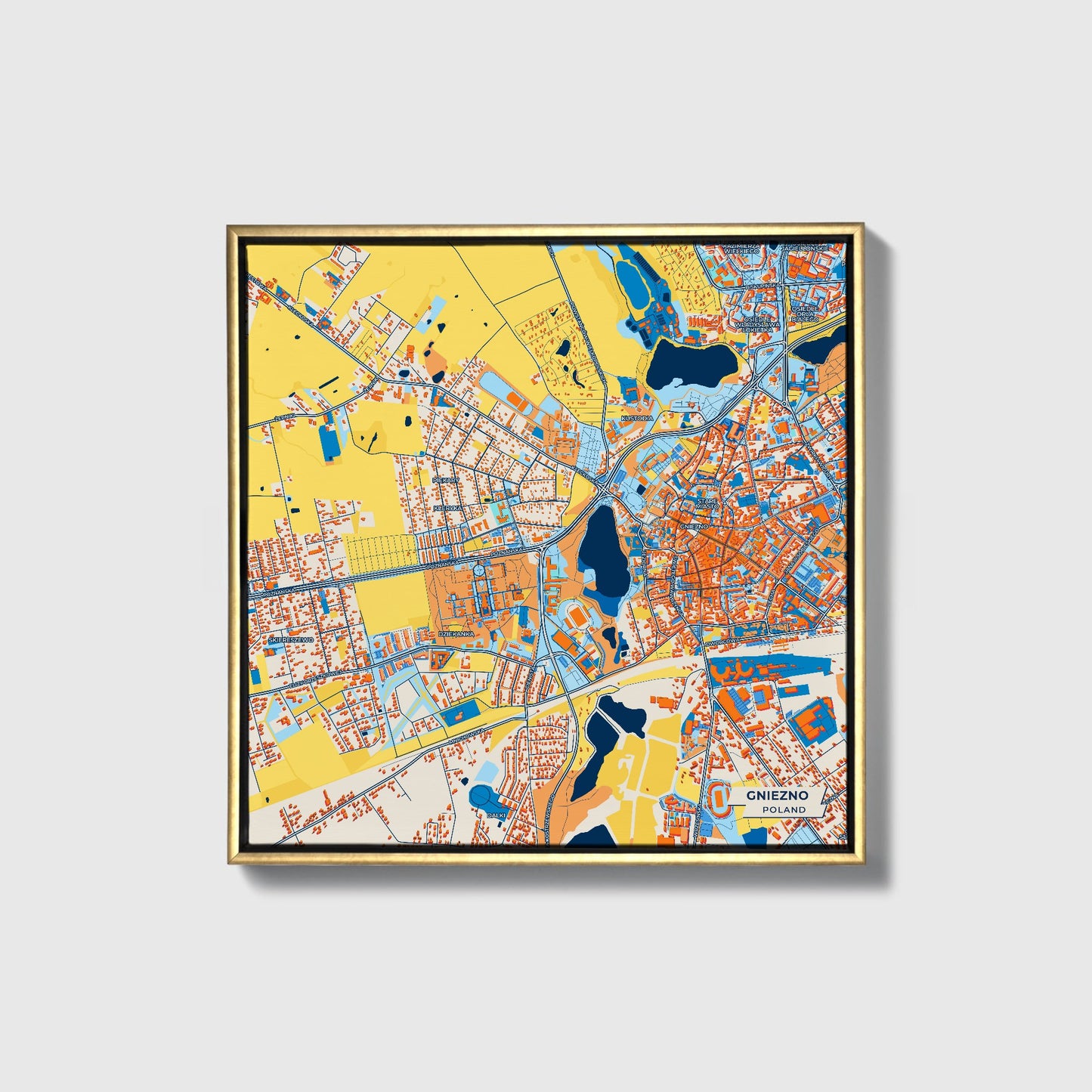 Gniezno Poland Colorful City Map Canvas Print • Gold Framed