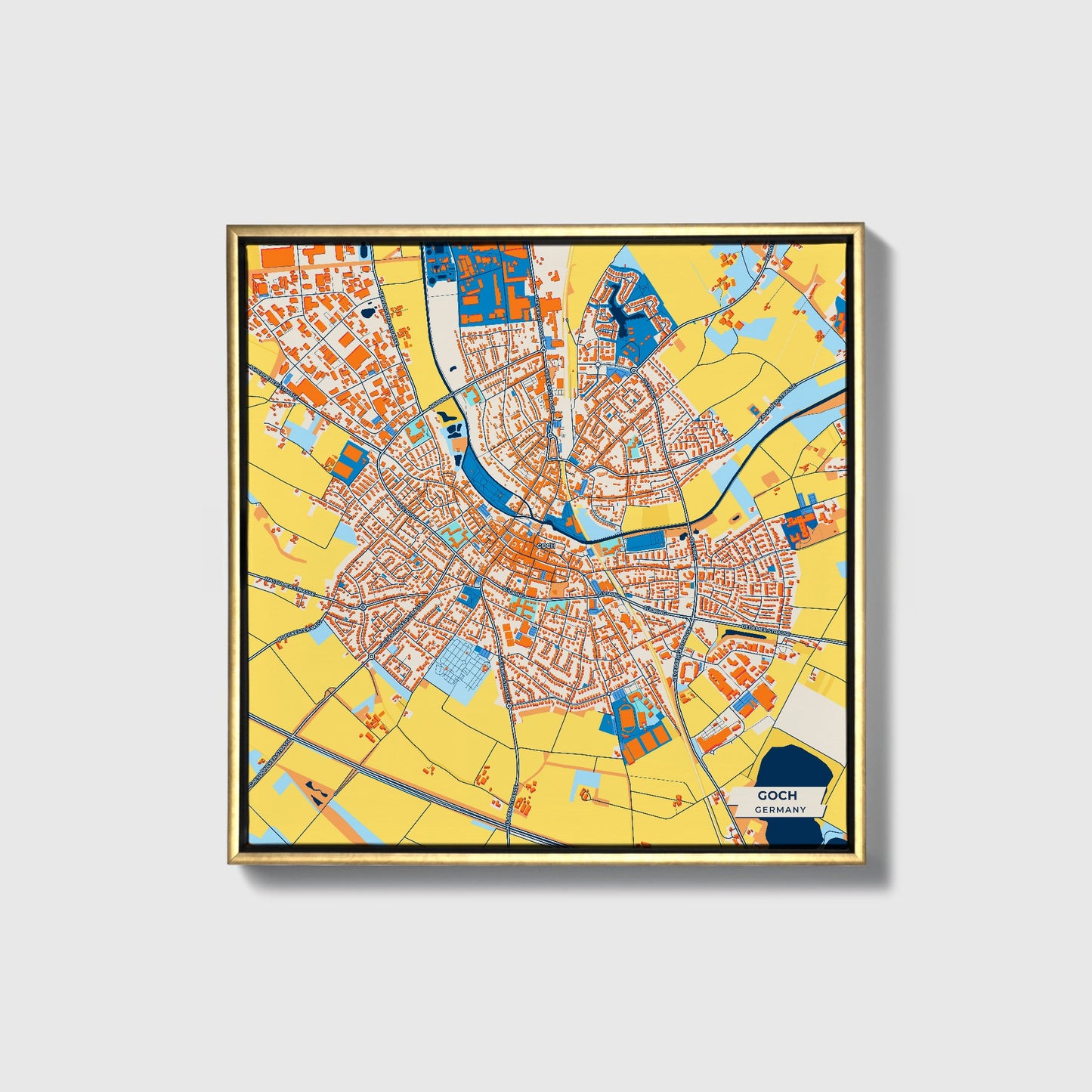 Goch Germany Colorful City Map Canvas Print • Gold Framed