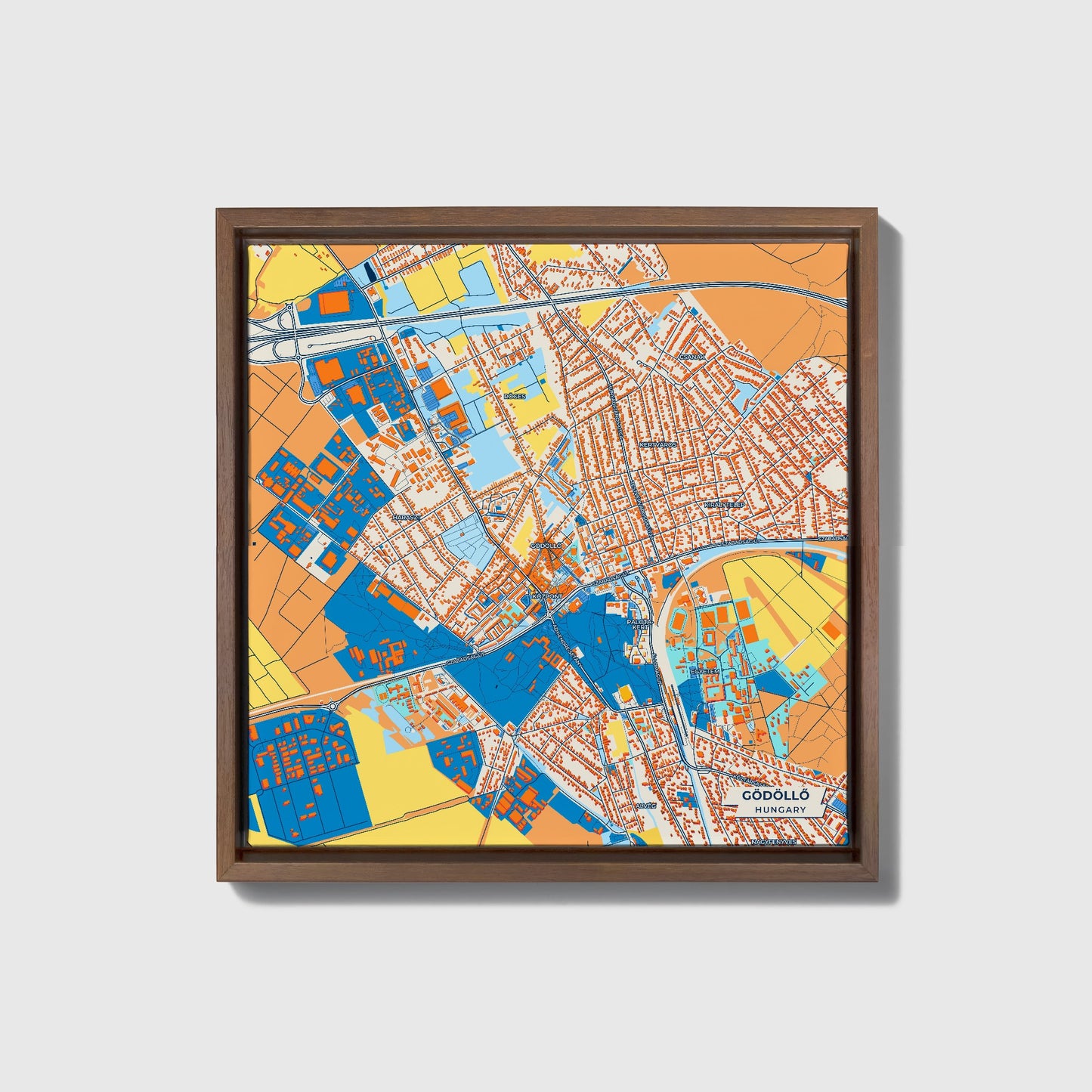 Gödöllő Hungary Colorful City Map Canvas Print • Dark Wooden Framed