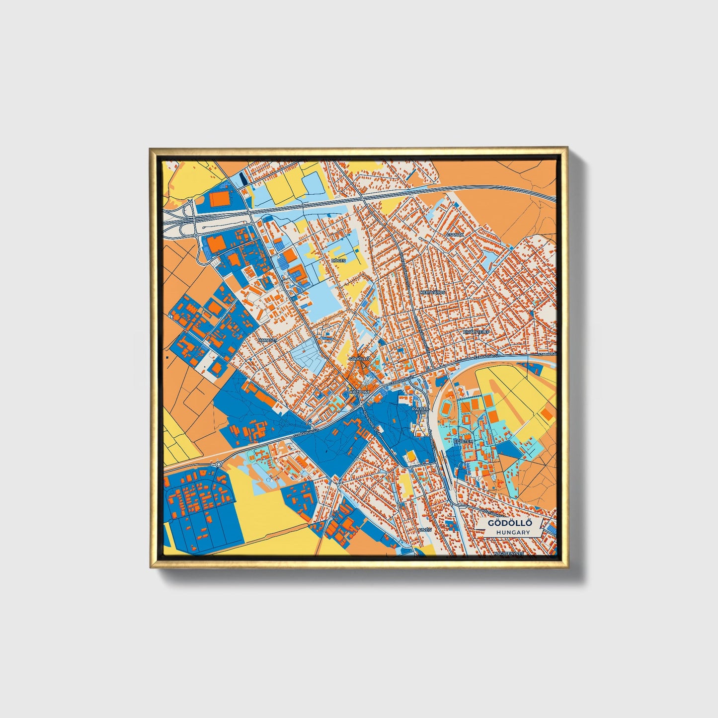 Gödöllő Hungary Colorful City Map Canvas Print • Gold Framed