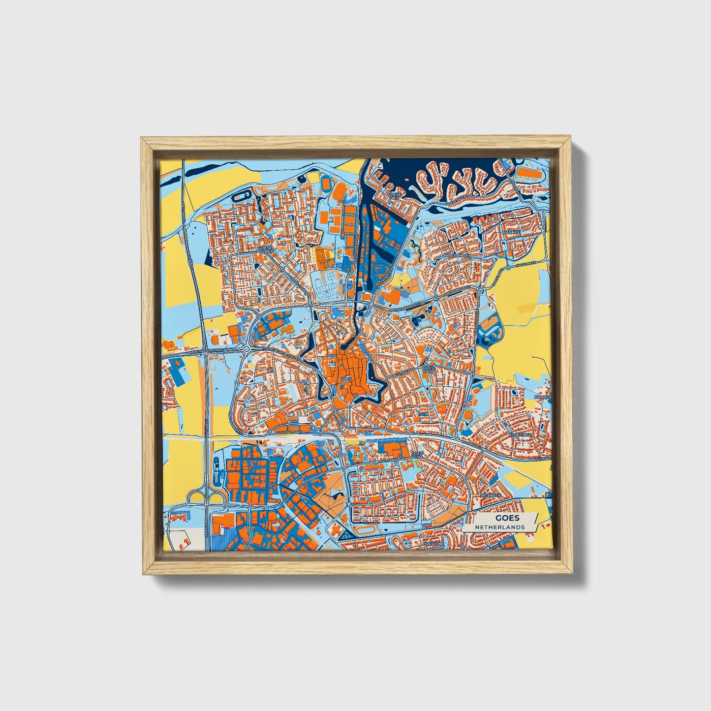 Goes Netherlands Colorful City Map Canvas Print • Natural Wooden Framed