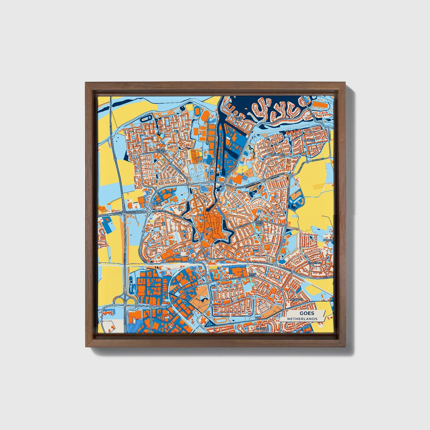 Goes Netherlands Colorful City Map Canvas Print • Dark Wooden Framed
