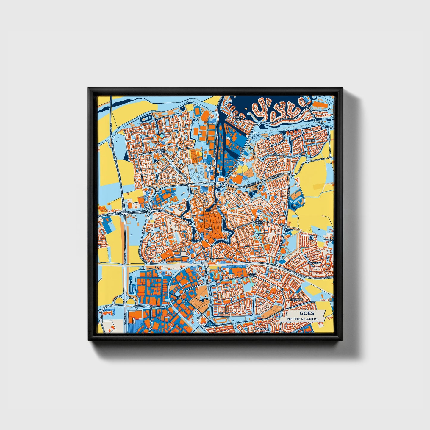 Goes Netherlands Colorful City Map Canvas Print • Black Framed