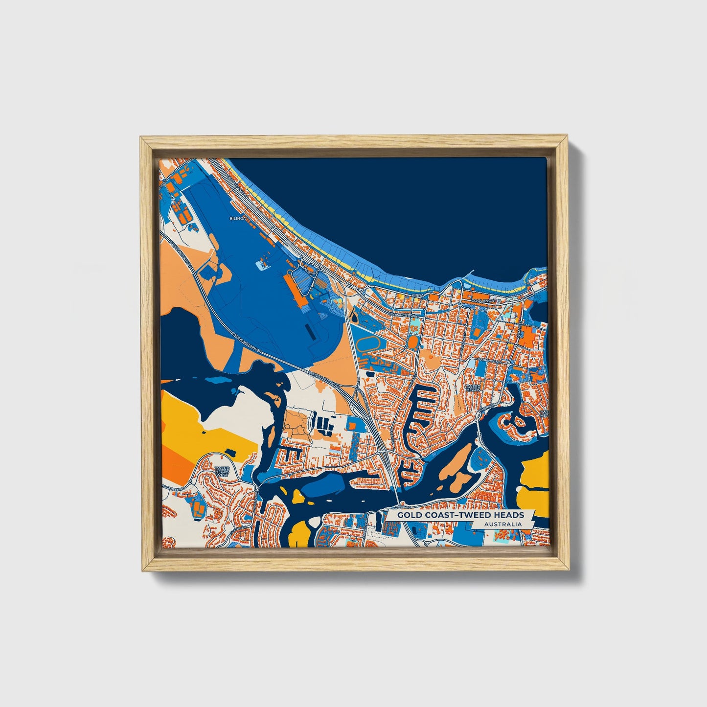 Gold Coast–Tweed Heads Australia Colorful City Map Canvas Print • Natural Wooden Framed