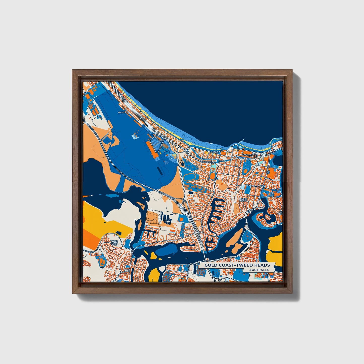 Gold Coast–Tweed Heads Australia Colorful City Map Canvas Print • Dark Wooden Framed