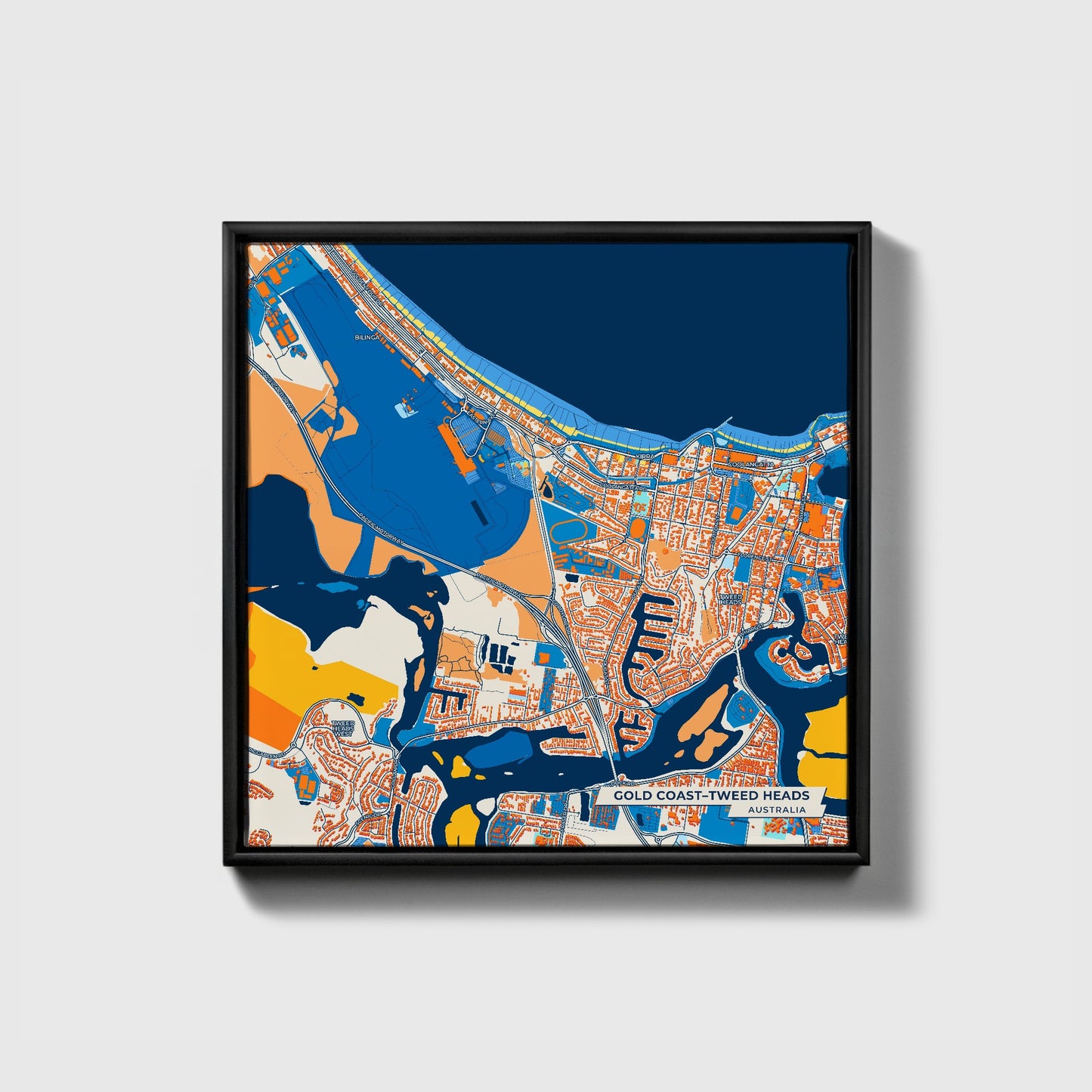Gold Coast–Tweed Heads Australia Colorful City Map Canvas Print • Black Framed