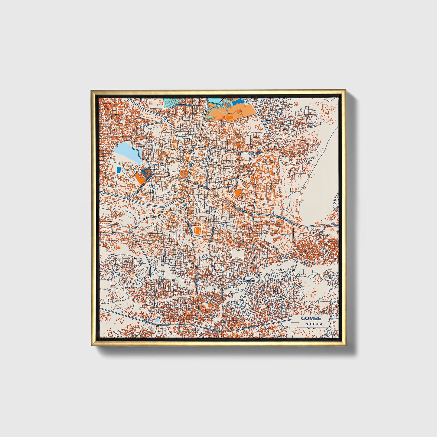 Gombe Nigeria Colorful City Map Canvas Print • Gold Framed