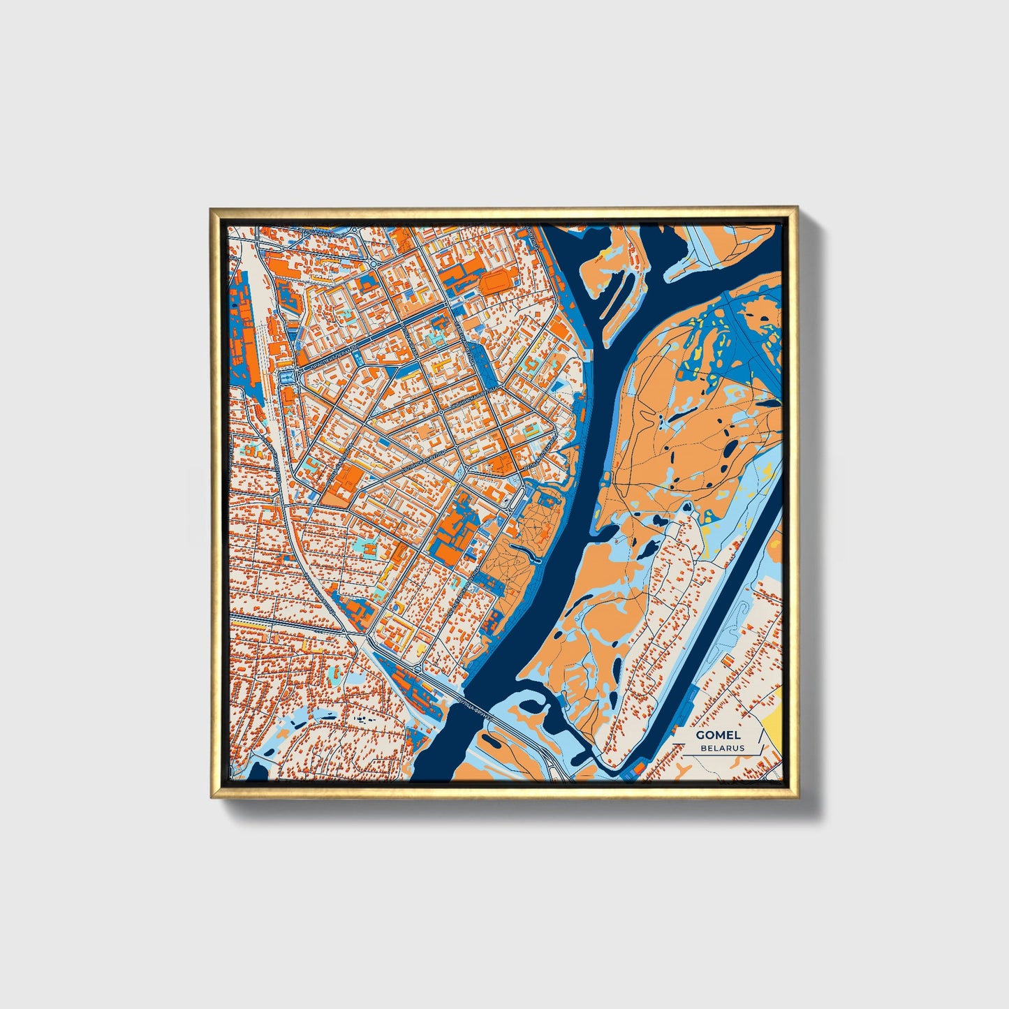 Gomel Belarus Colorful City Map Canvas Print • Gold Framed