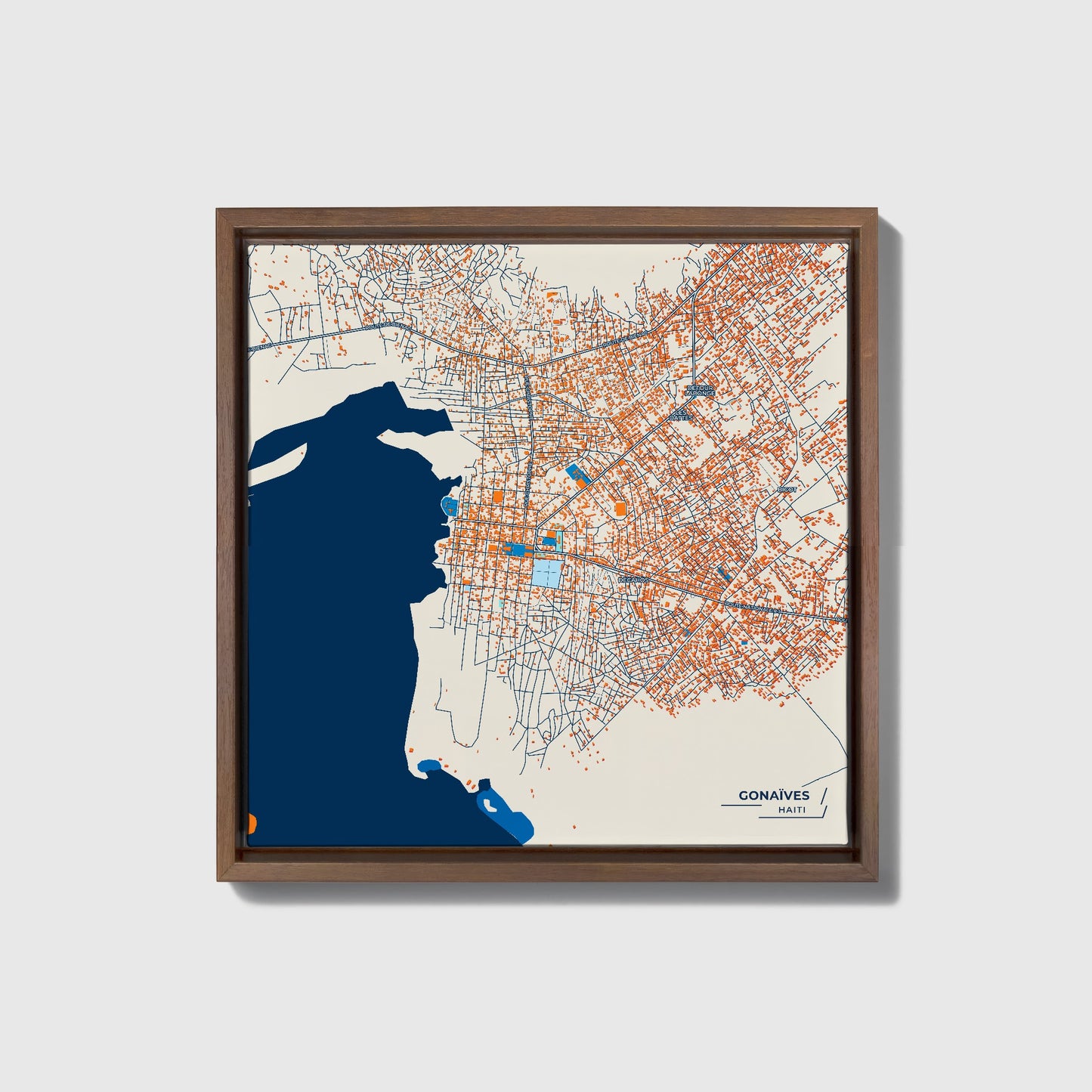 Gonaïves Haiti Colorful City Map Canvas Print • Dark Wooden Framed