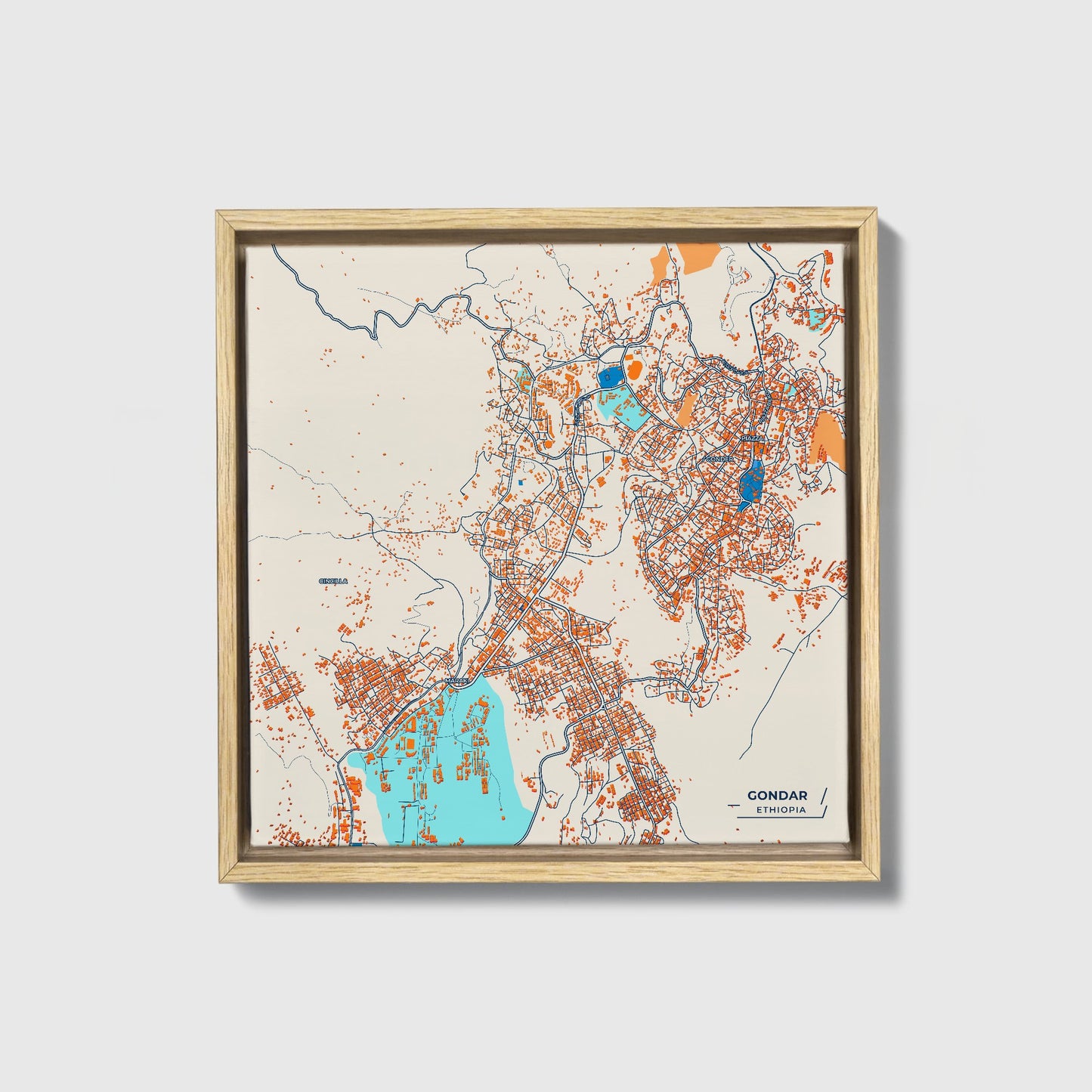 Gondar Ethiopia Colorful City Map Canvas Print • Natural Wooden Framed